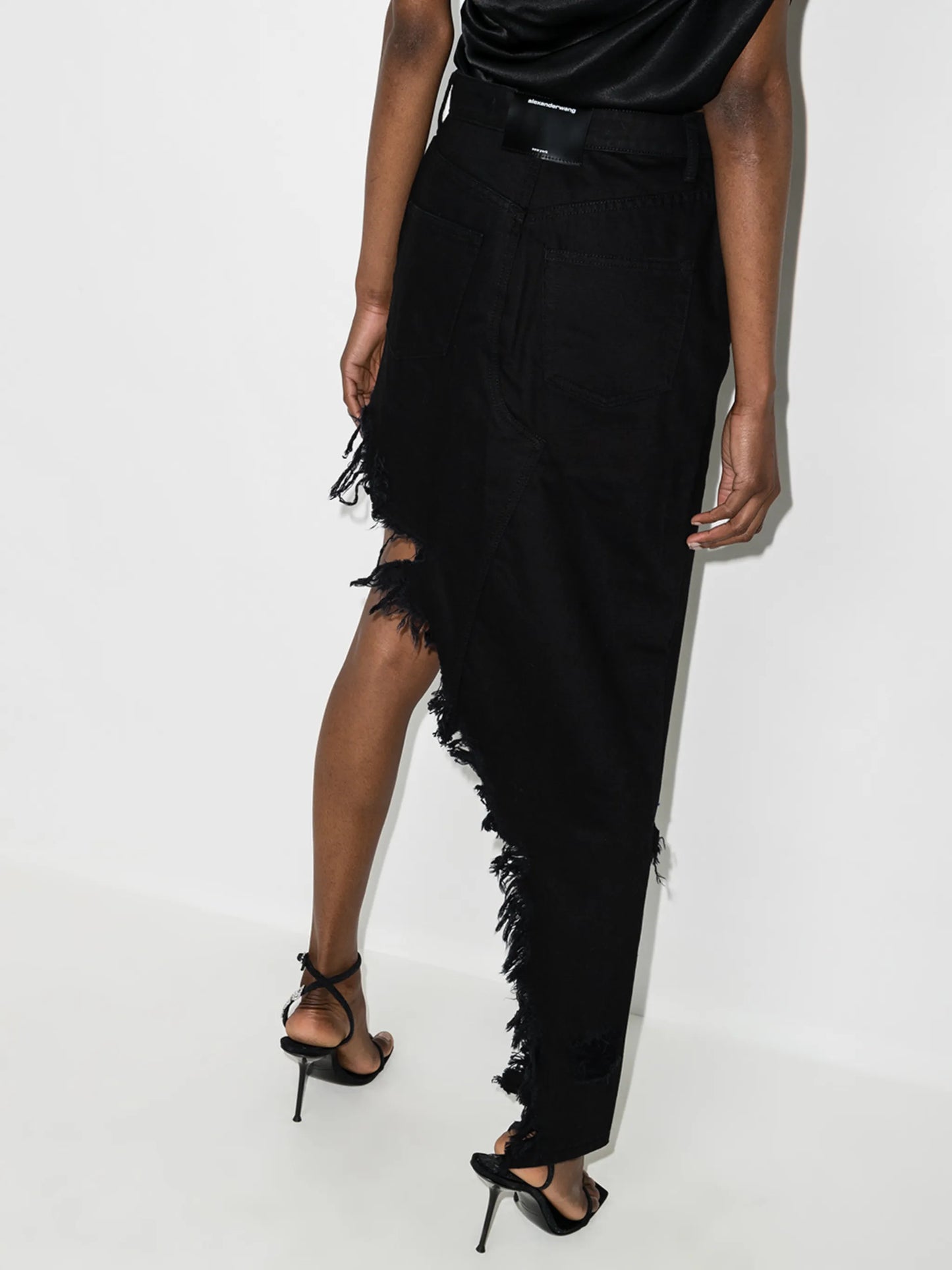 distressed-effect asymmetric denim skirt