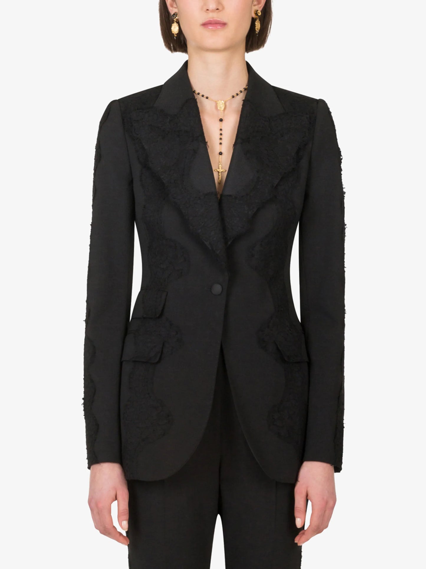 lace-overlay peak-lapel blazer