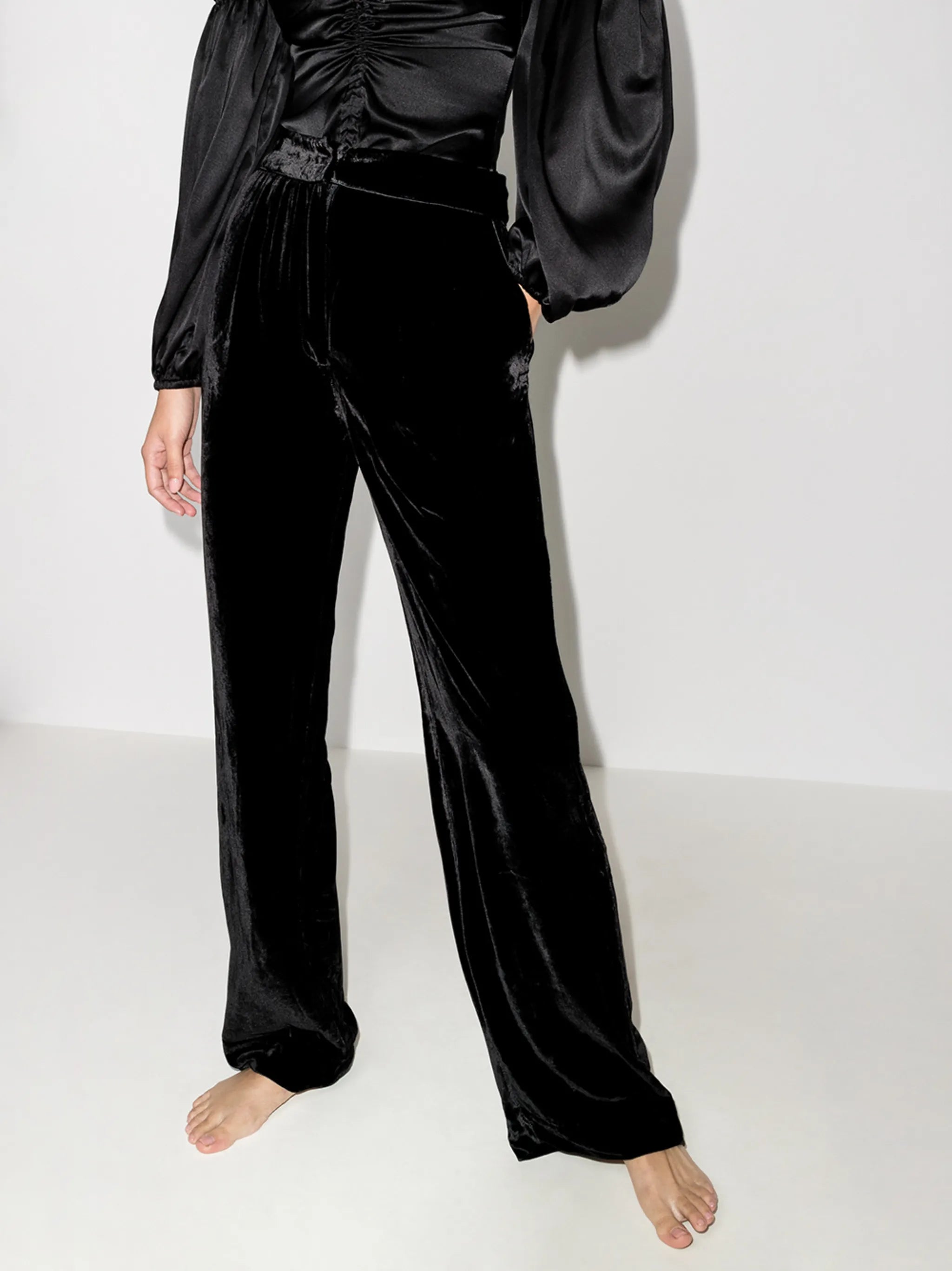 high-shine velvet effect trousers