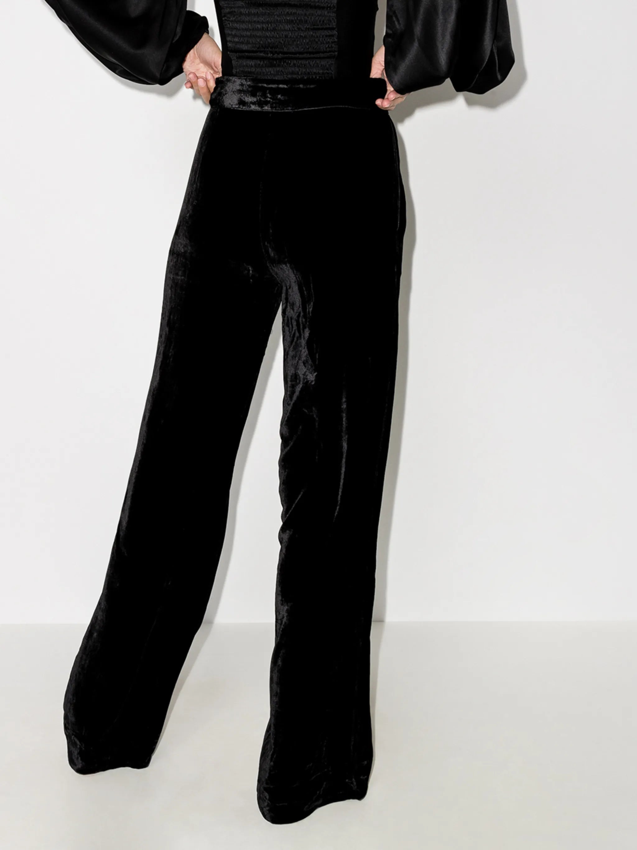 high-shine velvet effect trousers