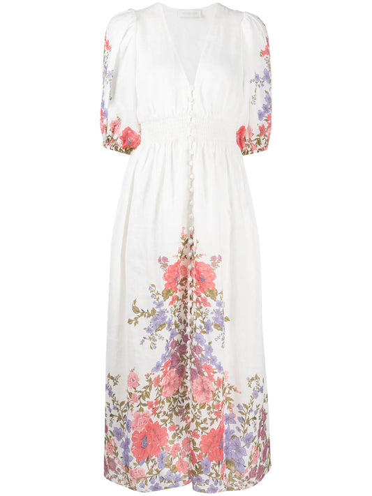 Crimson Floral shirred midi dress