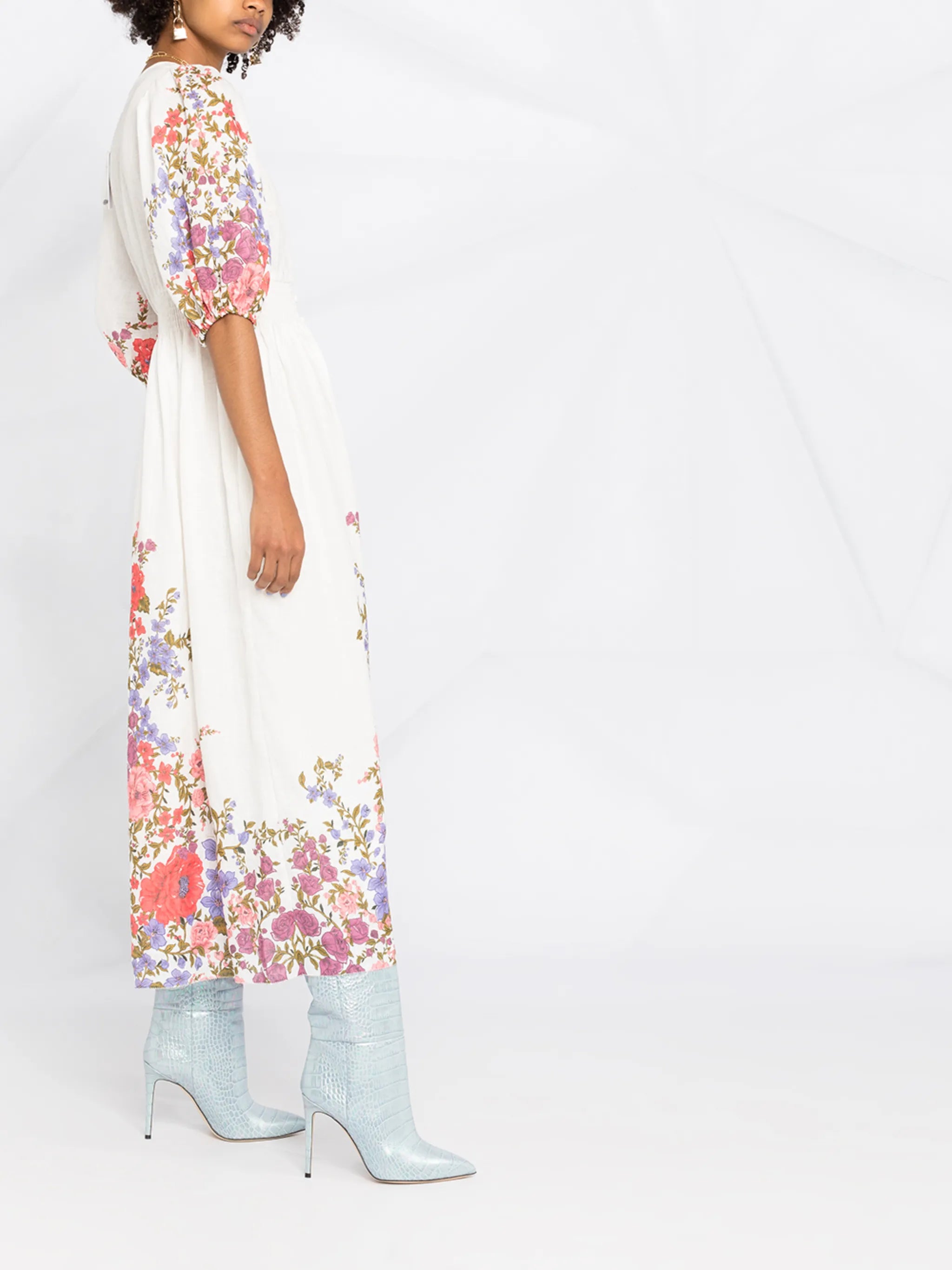 Crimson Floral shirred midi dress