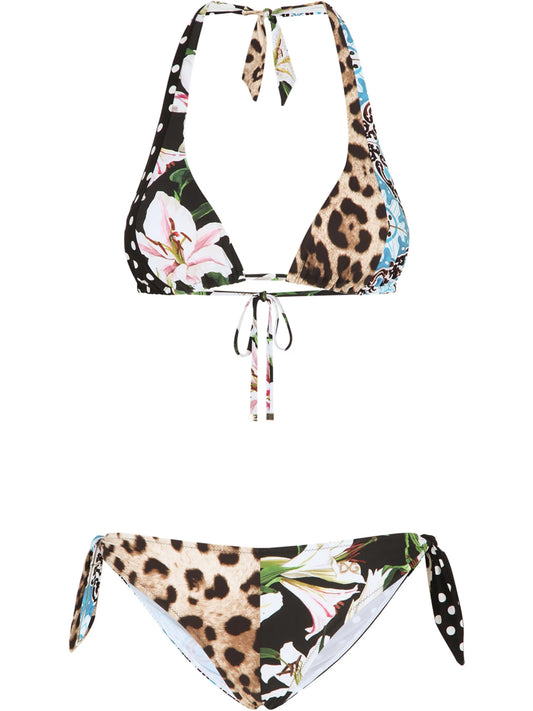 mixed-print halterneck bikini