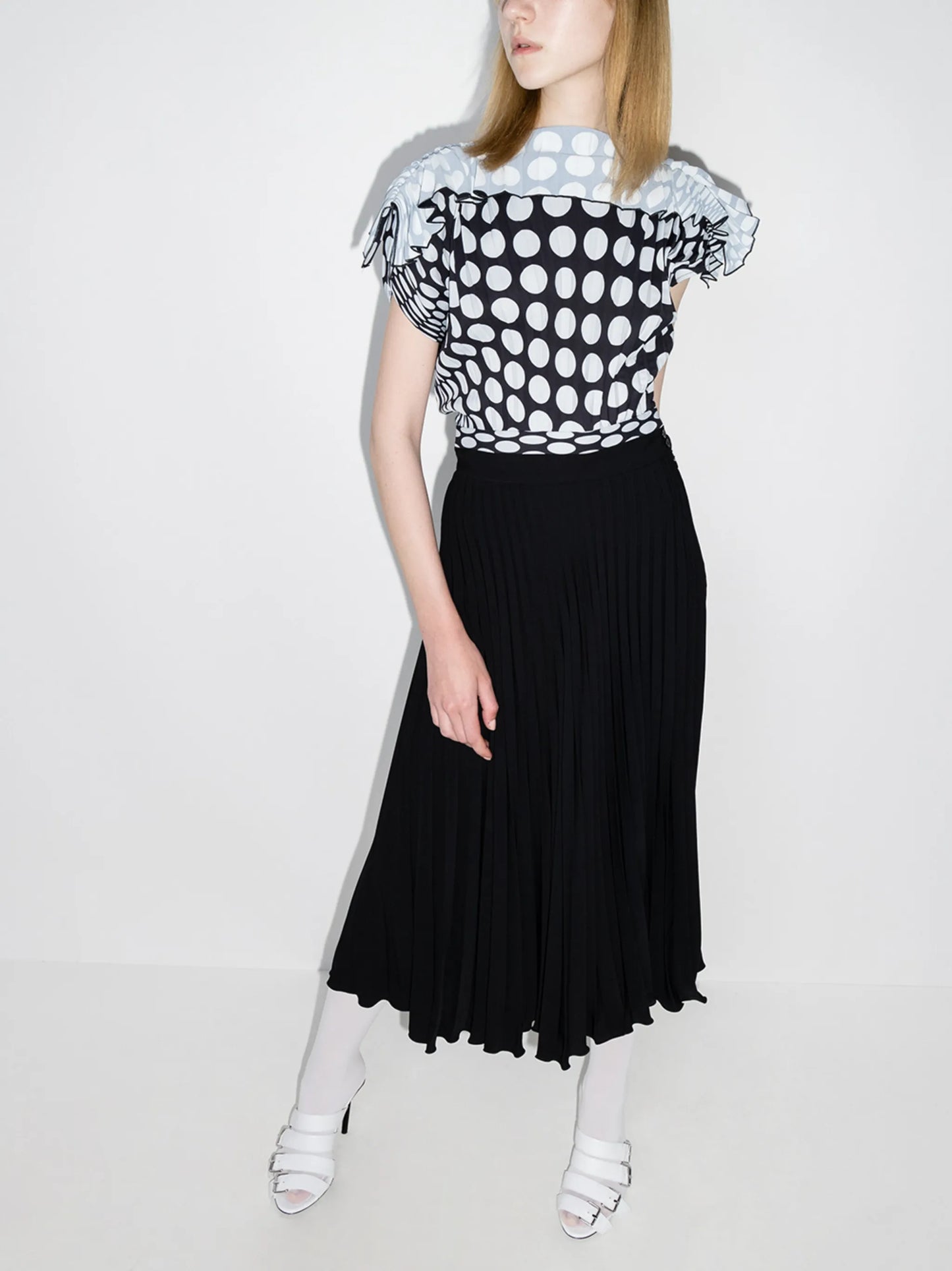 polka dot pleated midi dress