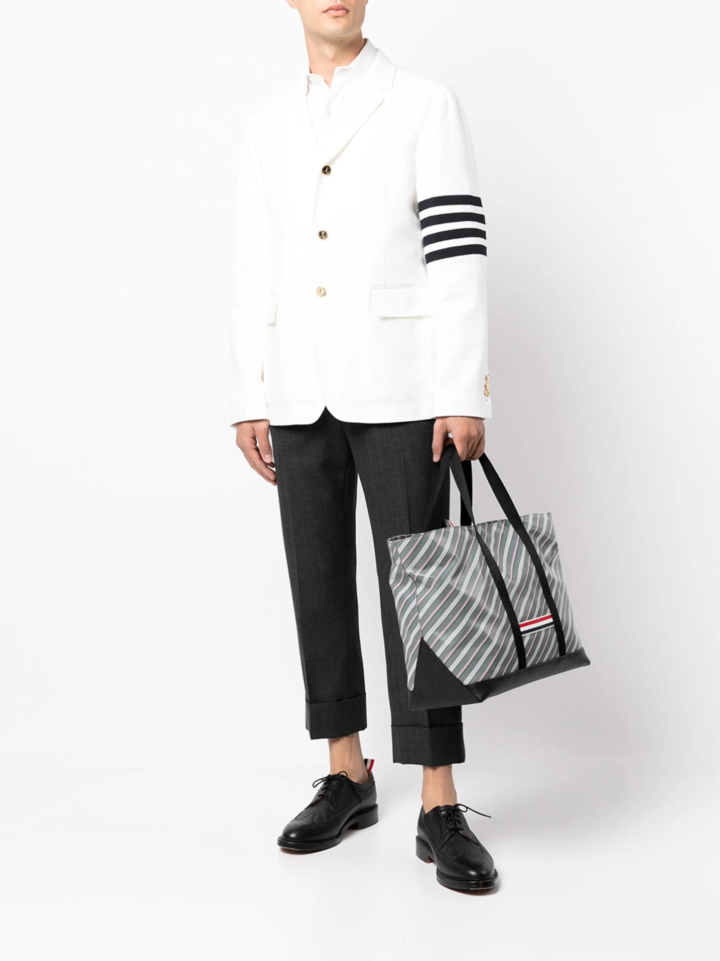 striped leather-trim tote bag