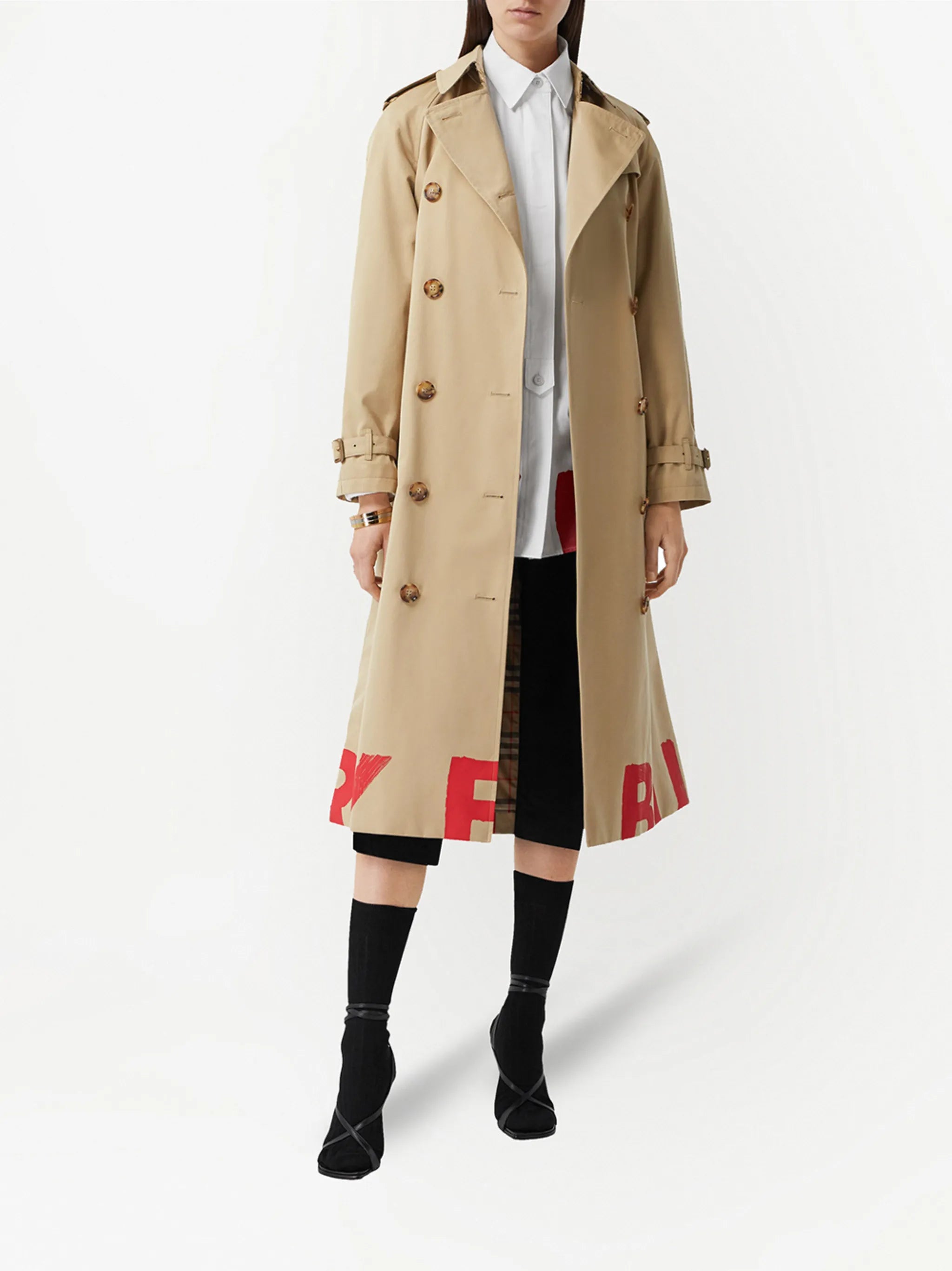 logo-print double-breasted trench coat