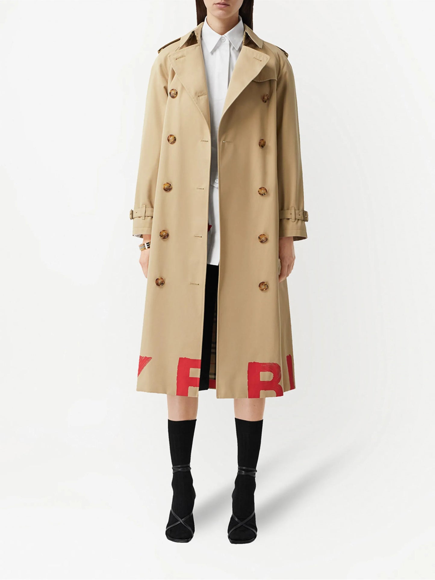 logo-print double-breasted trench coat