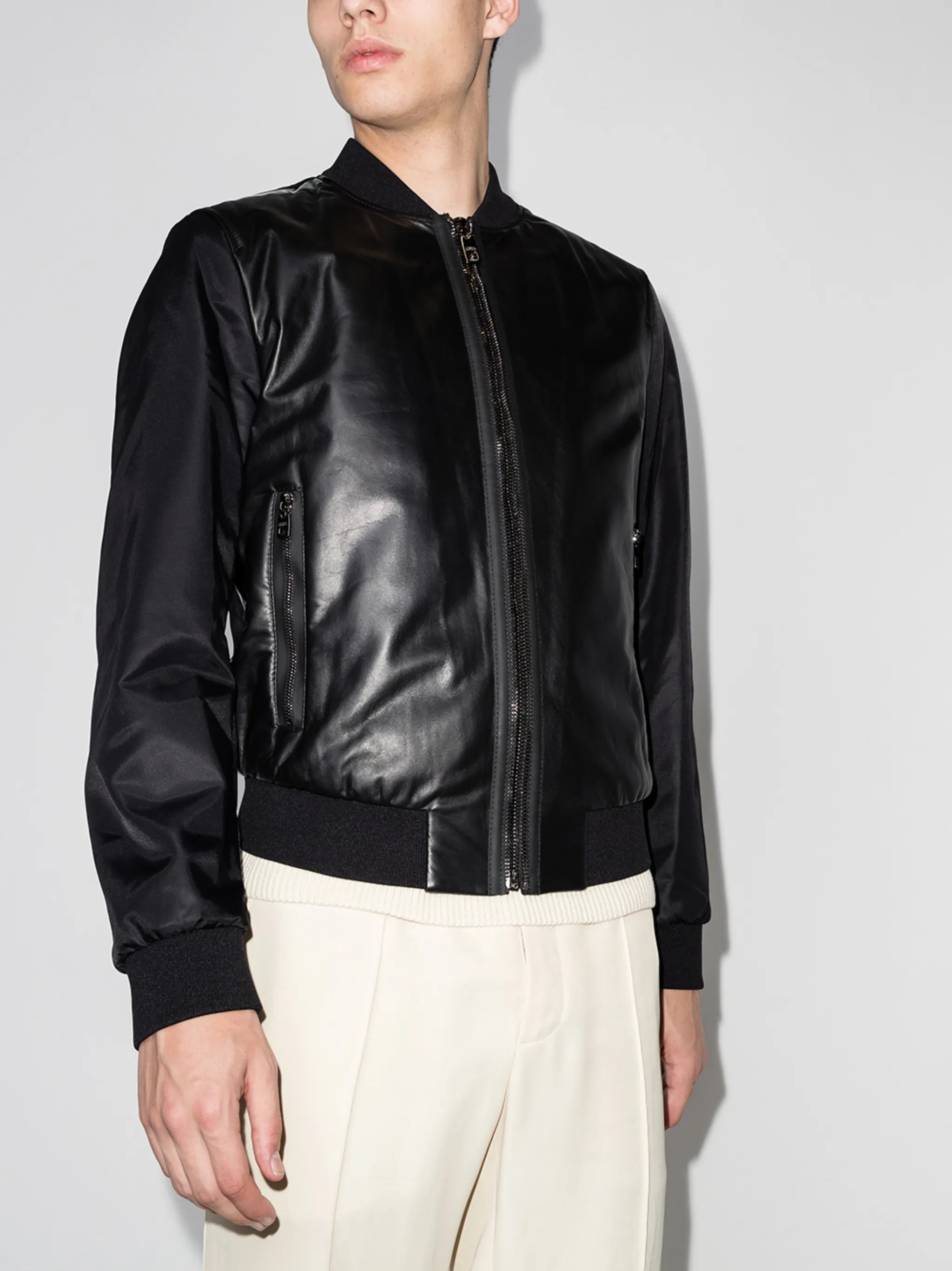 panelled leather bomber jacket