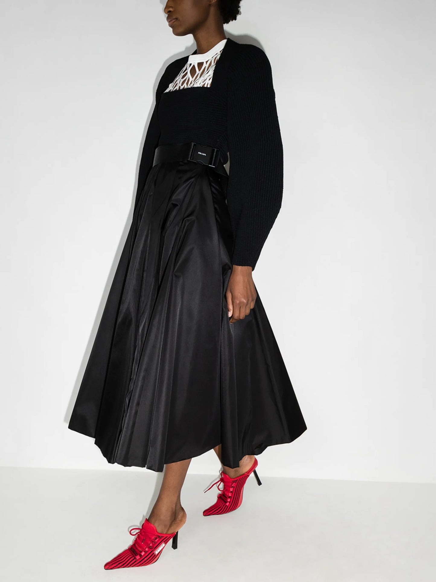 high-rise pleated midi skirt