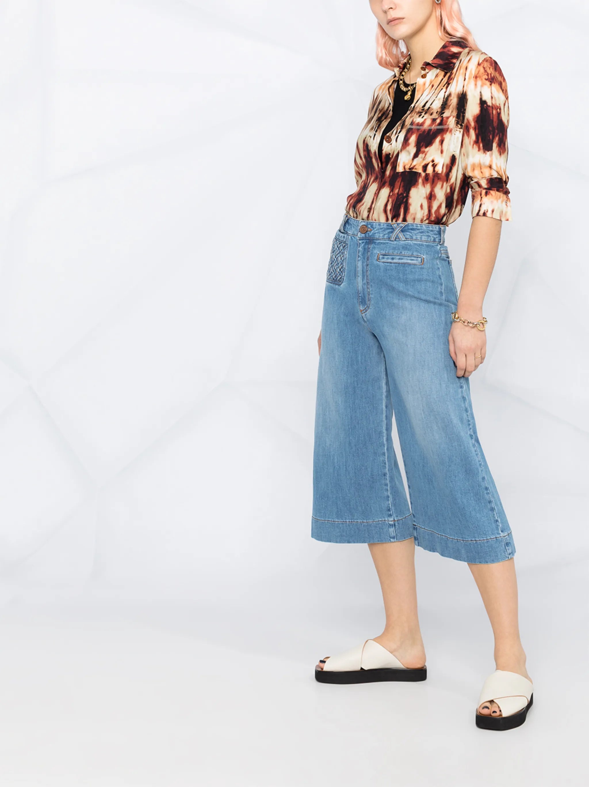 lattice-pocket wide-leg cropped jeans