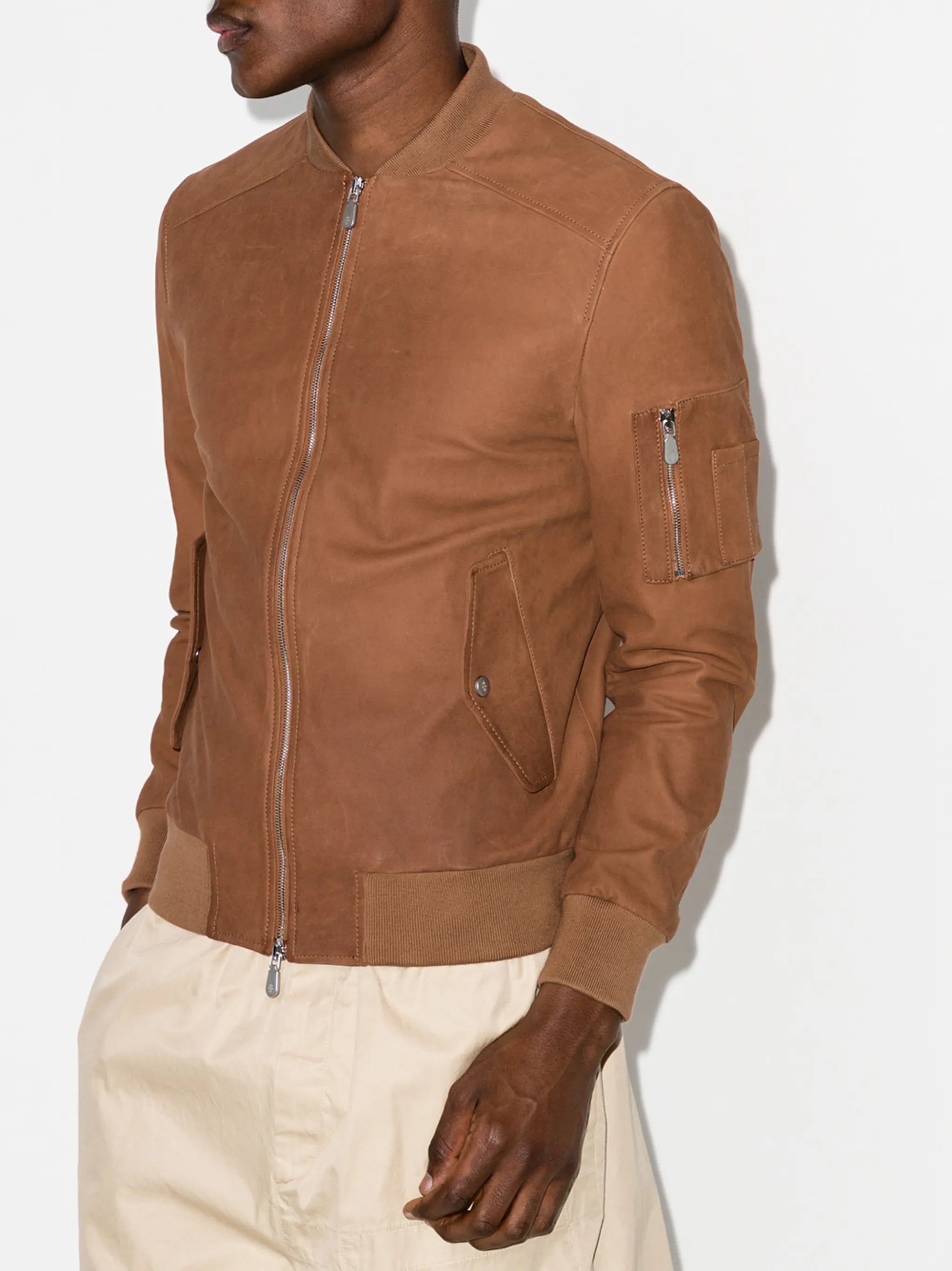 zip-up leather bomber jacket