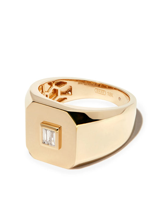 18kt yellow gold baguette diamond-embellished signet ring