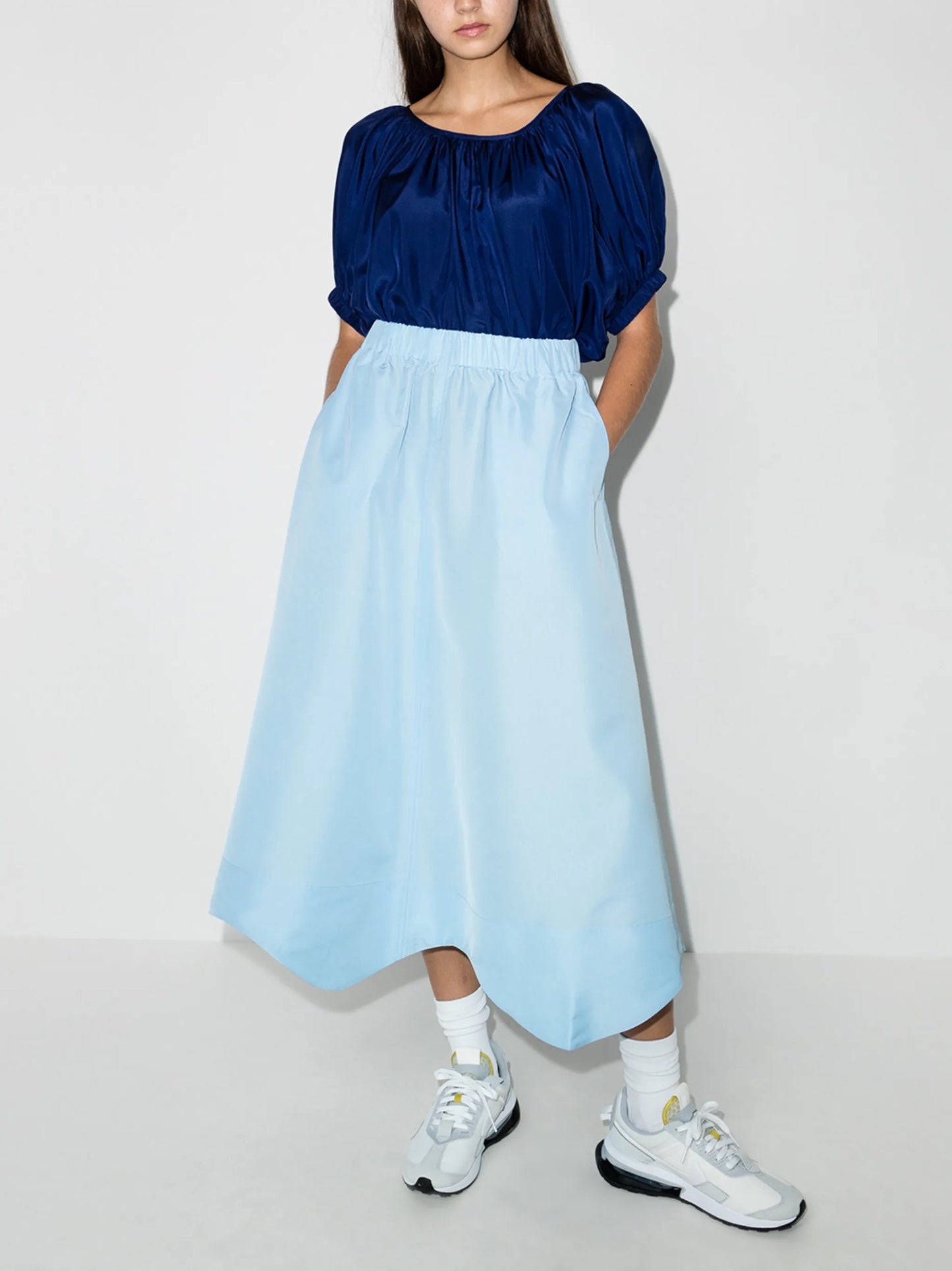 asymmetric hem taffeta midi skirt