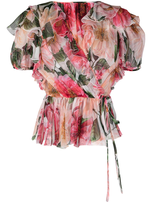 ruffled camellia-print V-neck top