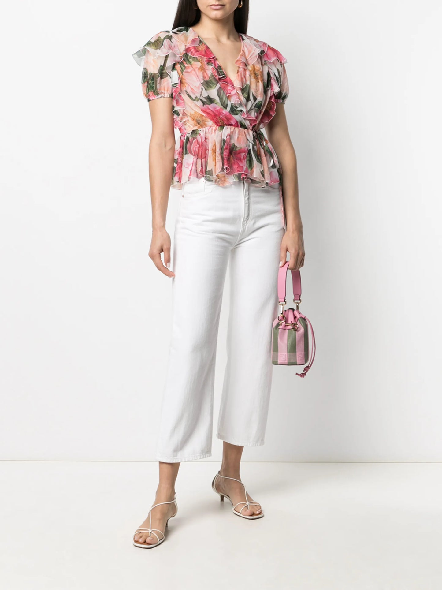 ruffled camellia-print V-neck top
