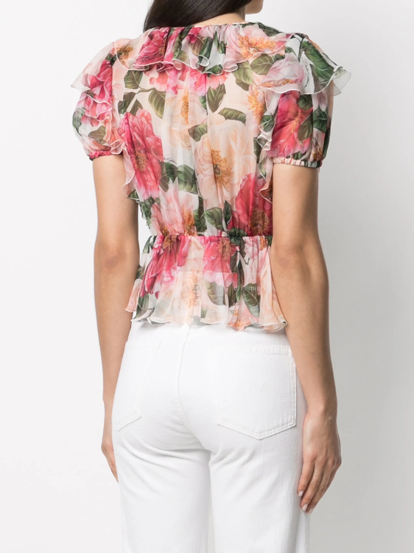 ruffled camellia-print V-neck top