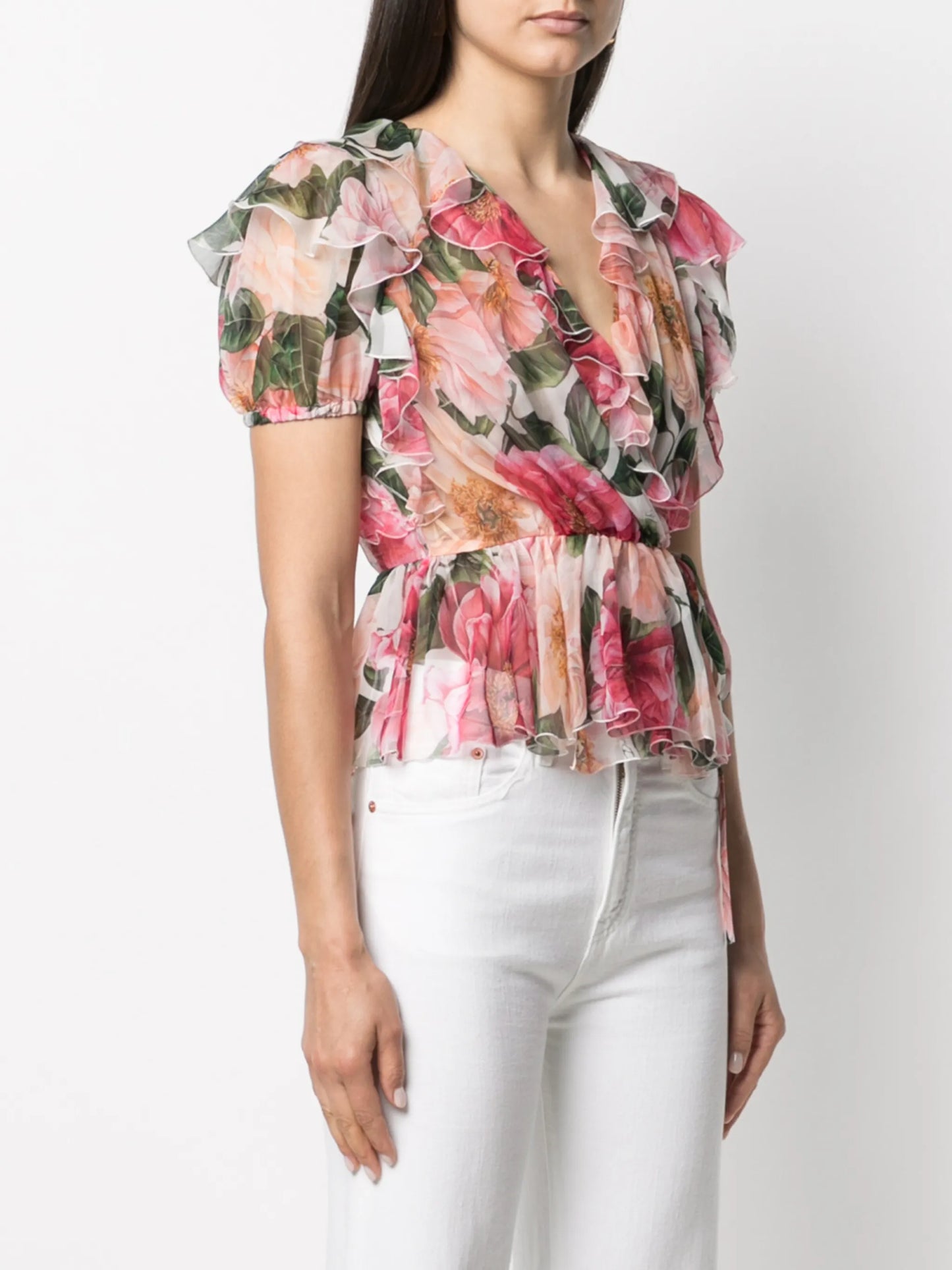 ruffled camellia-print V-neck top