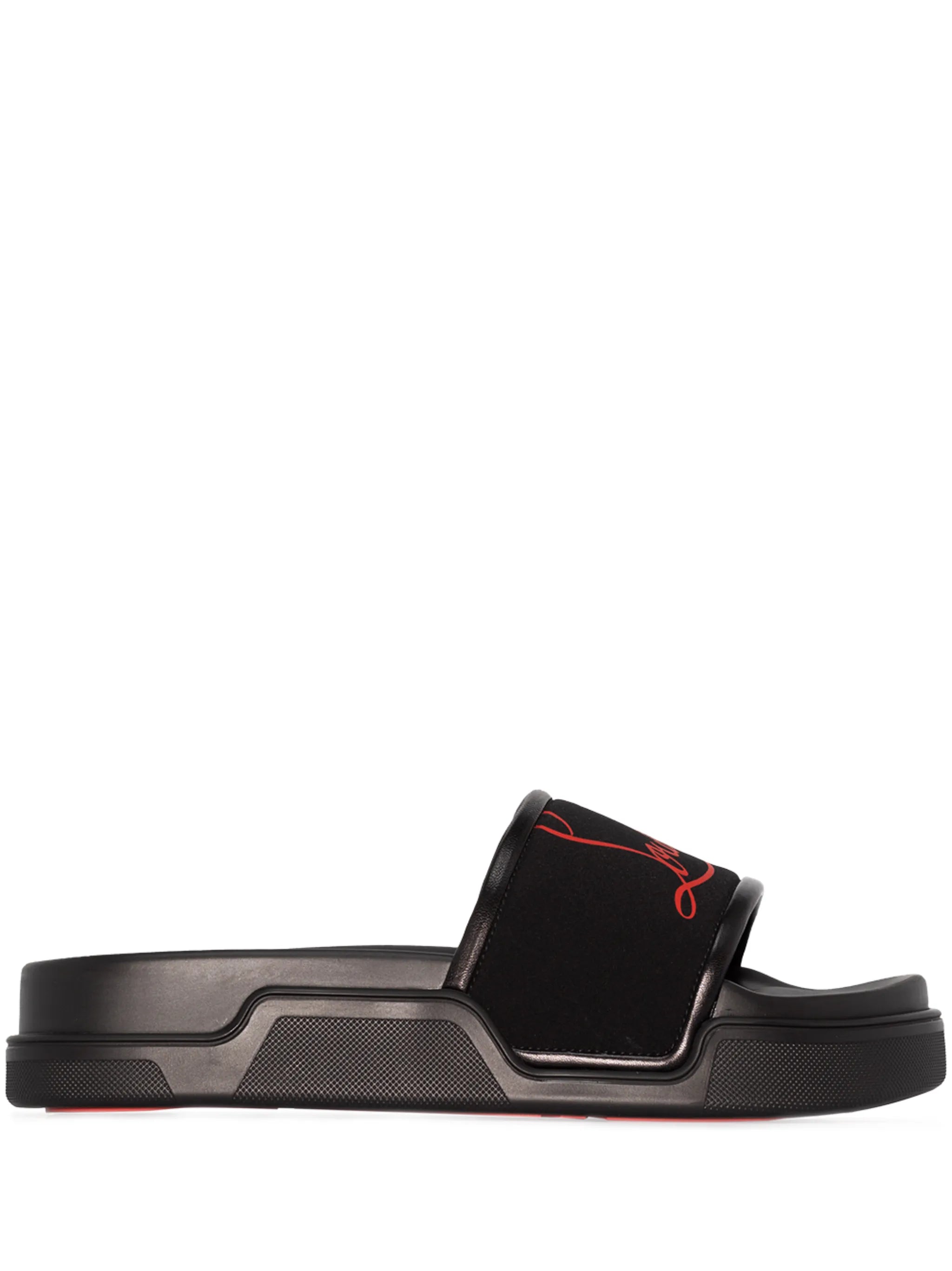 Navy leather pool slides