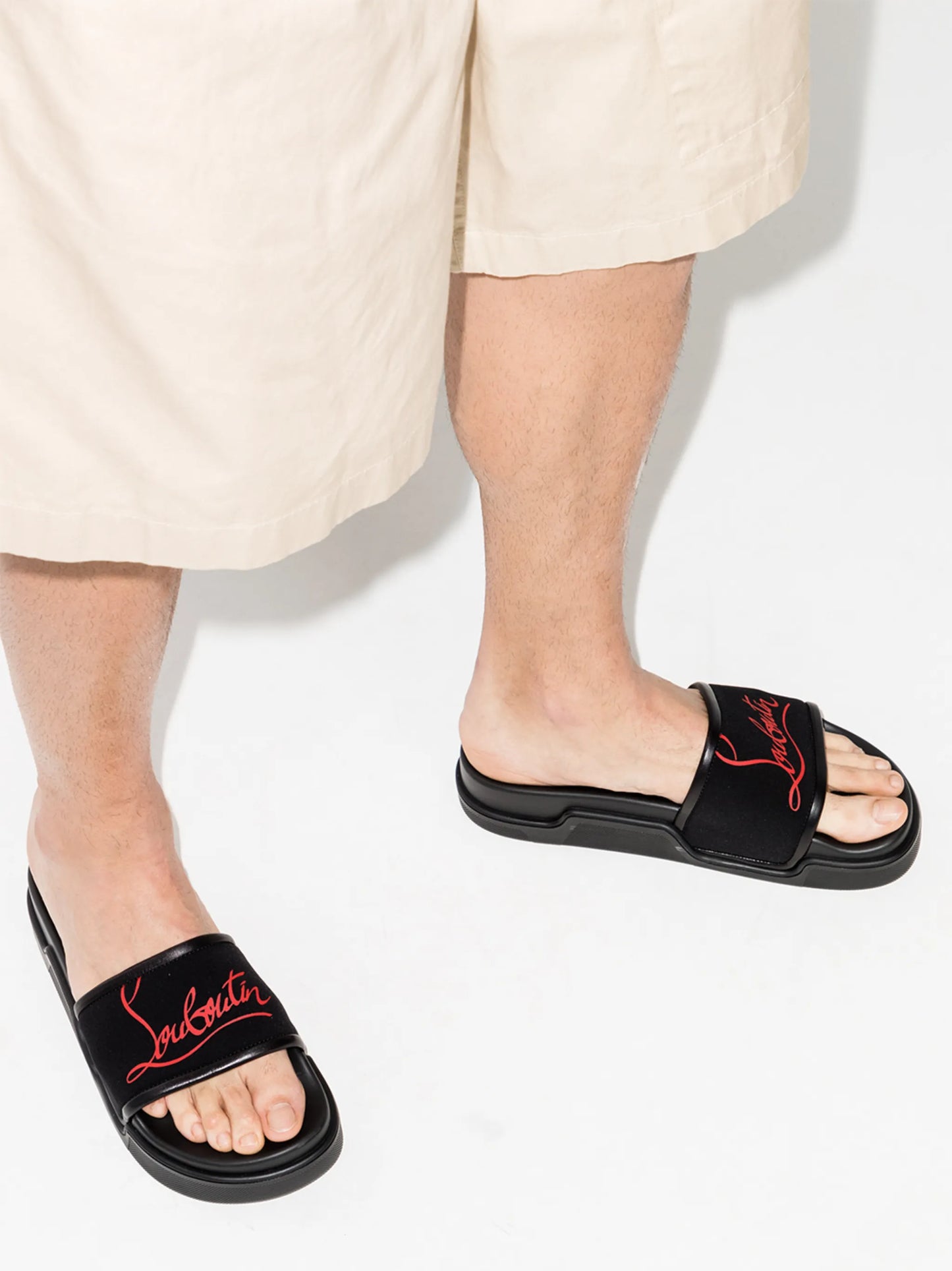 Navy leather pool slides