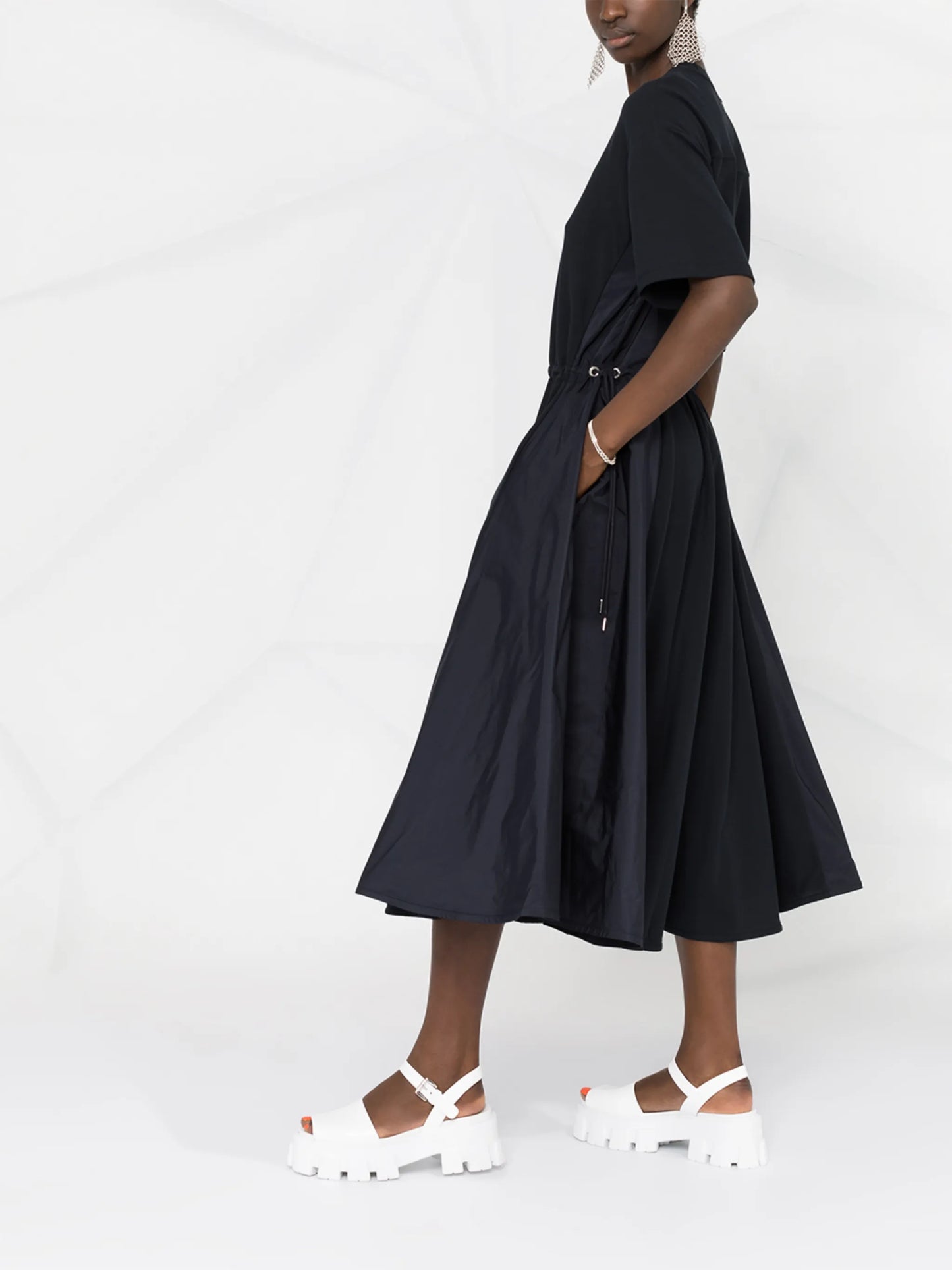 panelled drawstring-waist midi dress