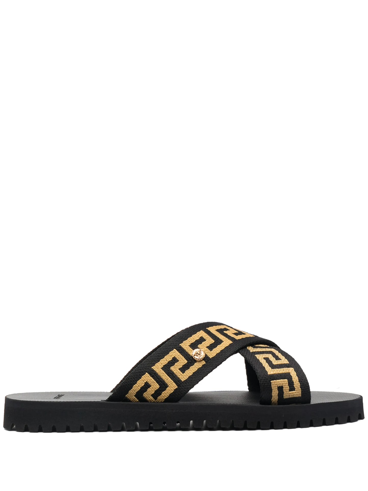 Greca-motif crossover-strap slides