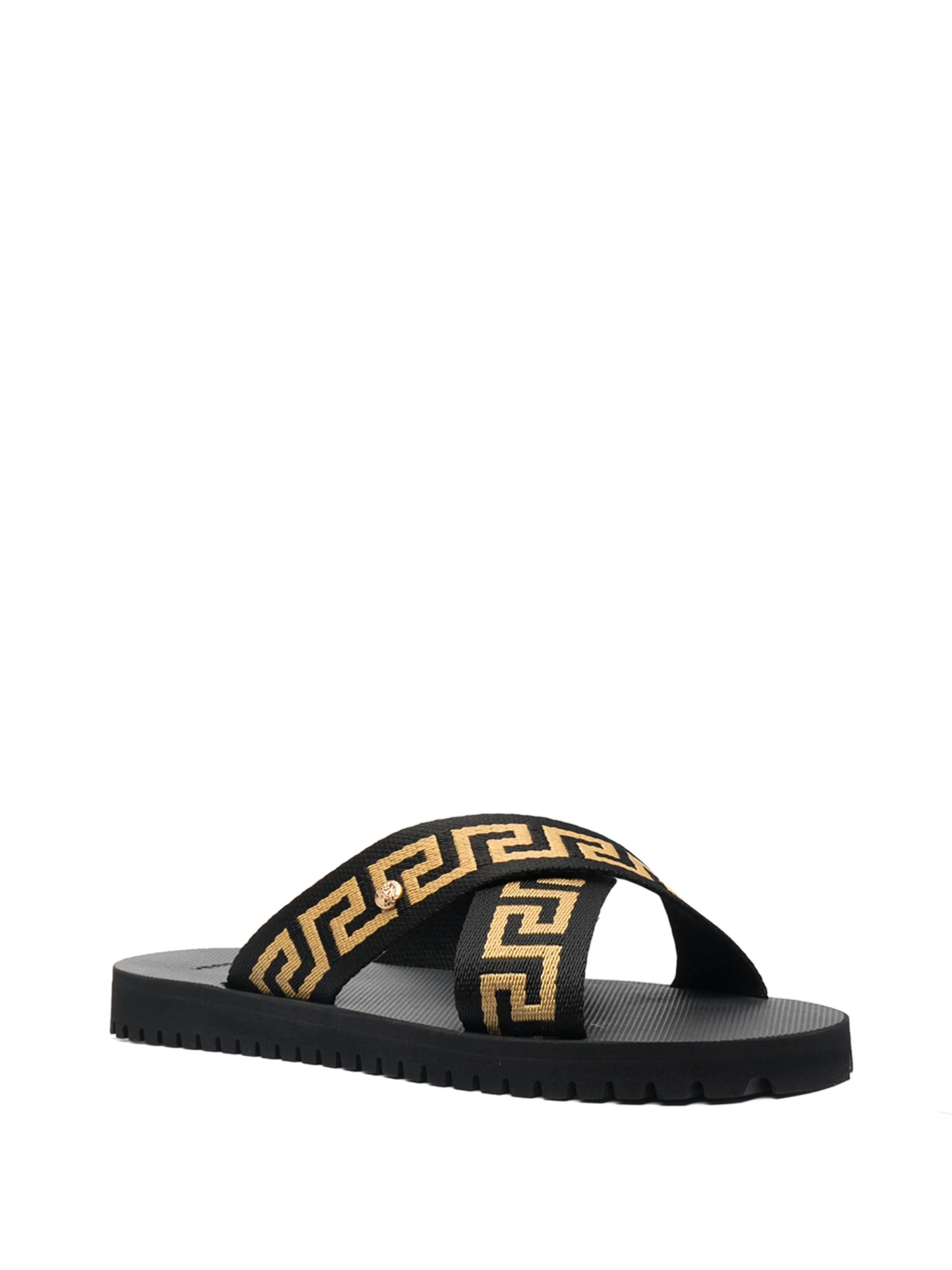 Greca-motif crossover-strap slides