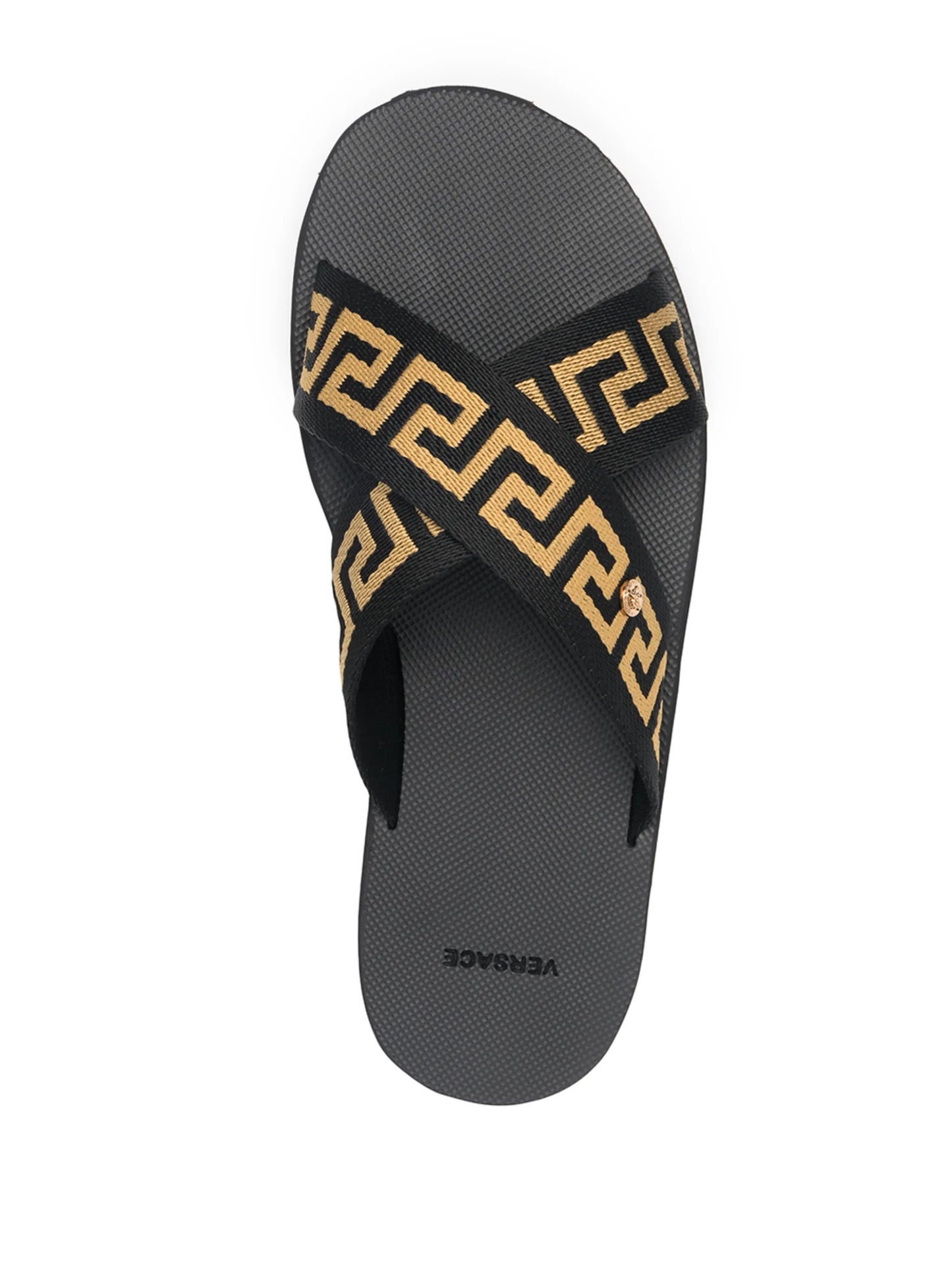Greca-motif crossover-strap slides