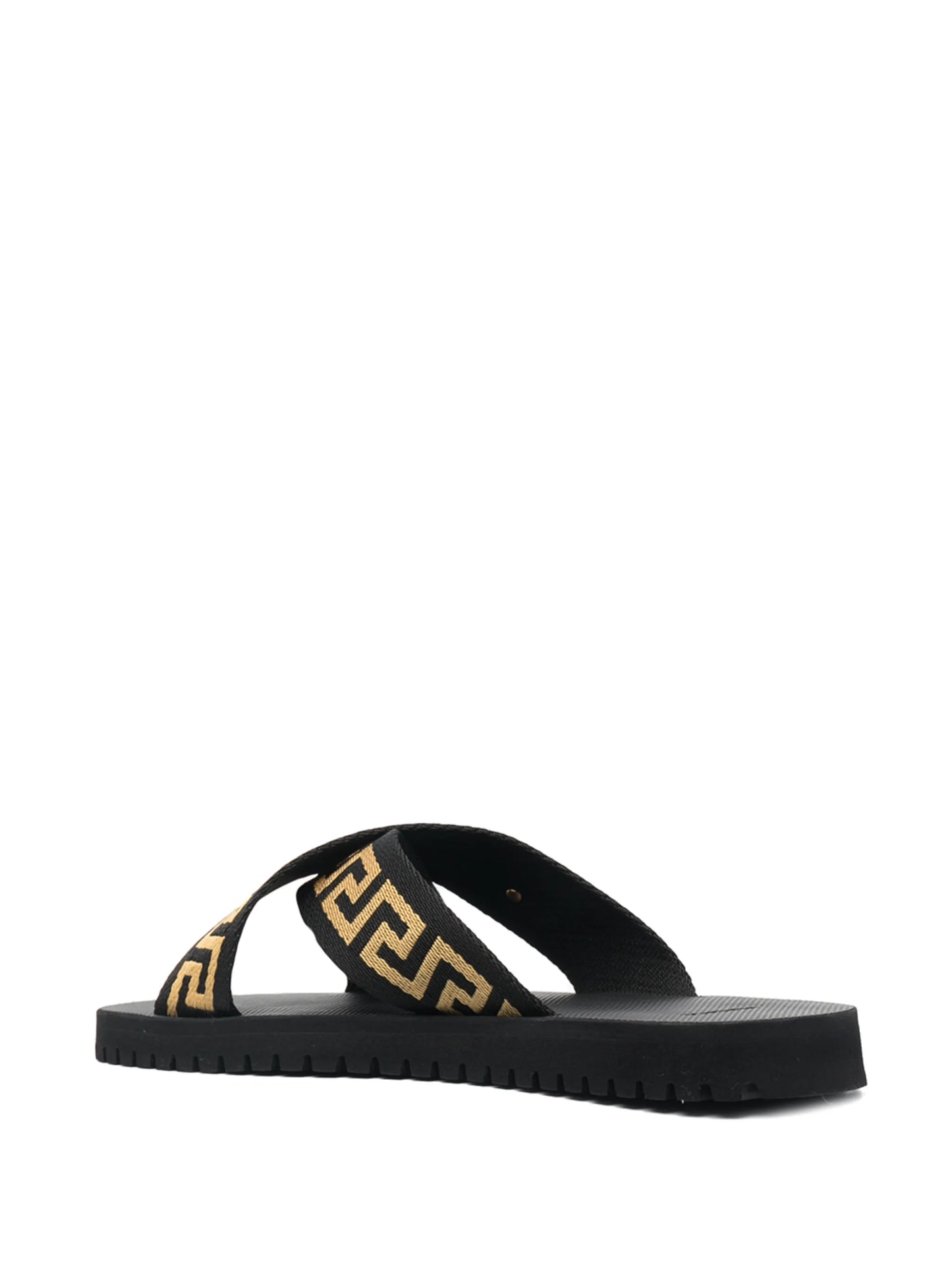 Greca-motif crossover-strap slides