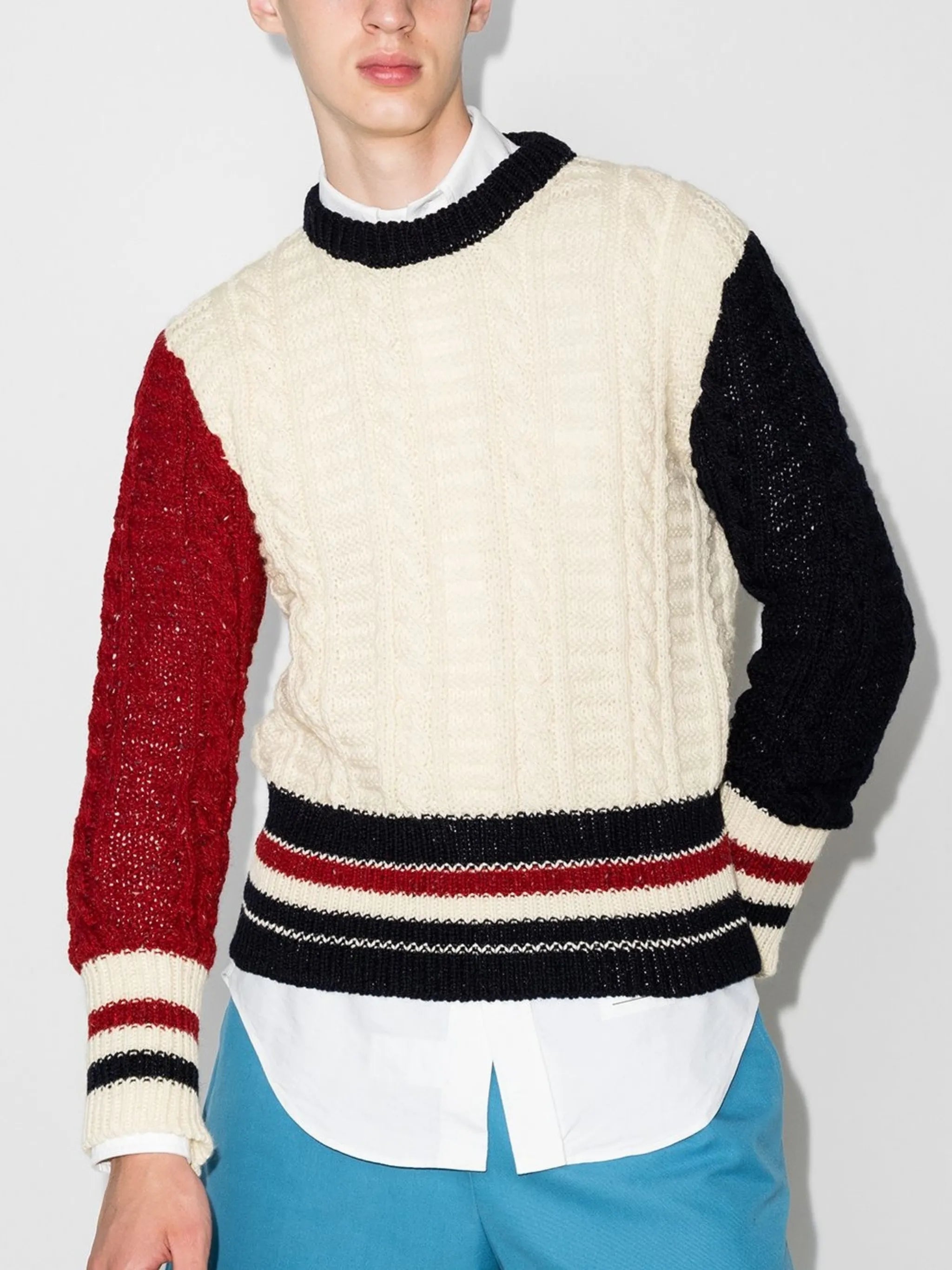 three-tone cable-knit jumper