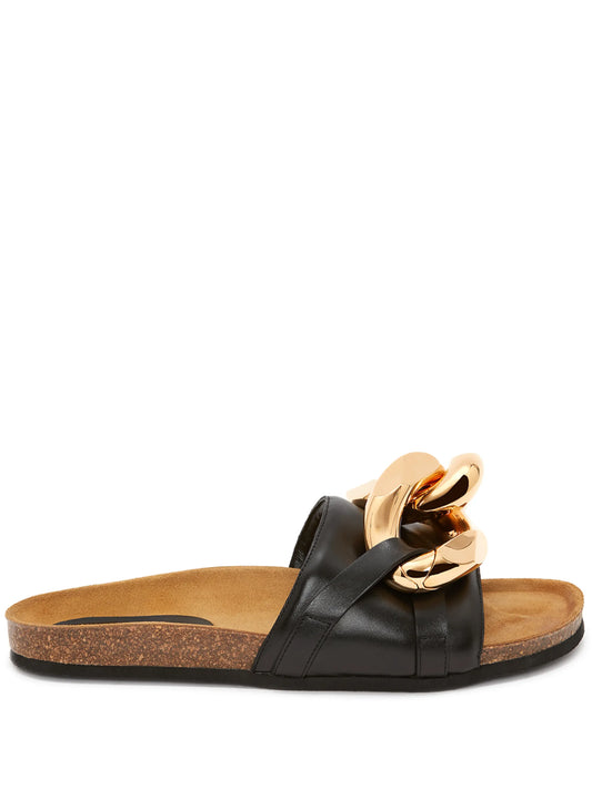 chain-detail leather slides