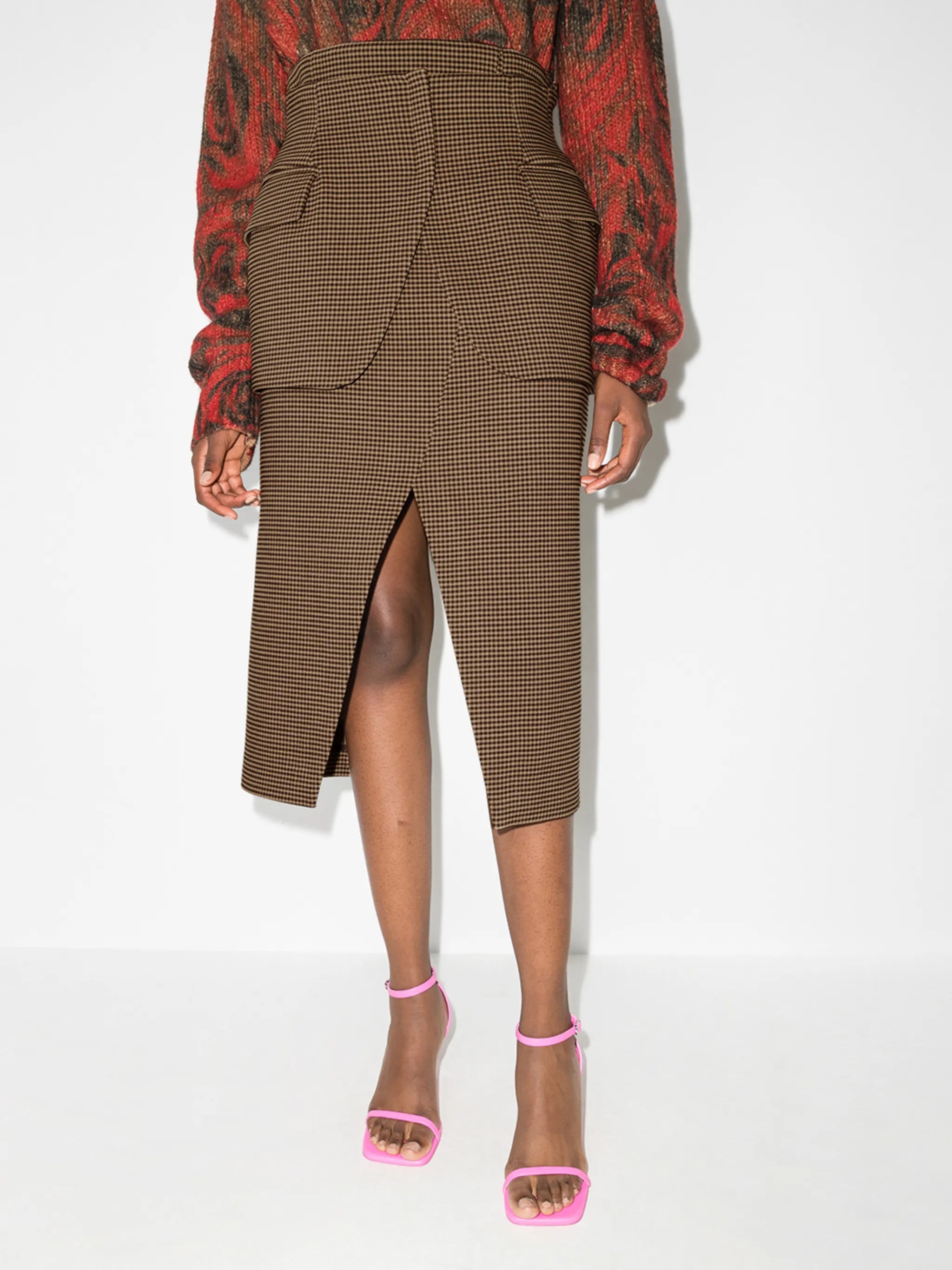 check-print layered fitted skirt