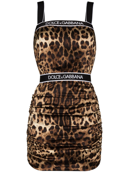logo-tape leopard print satin minidress
