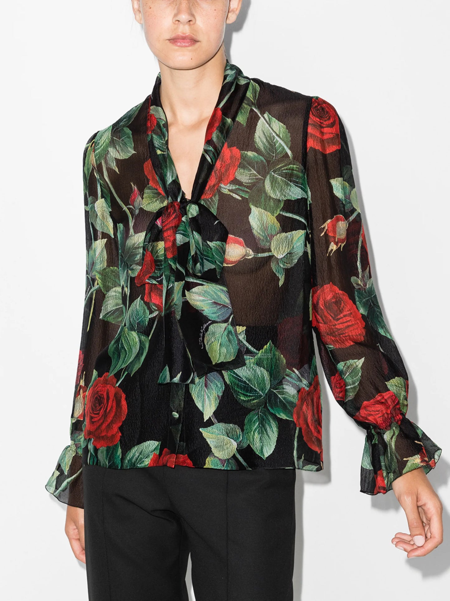 rose print pussy-bow blouse