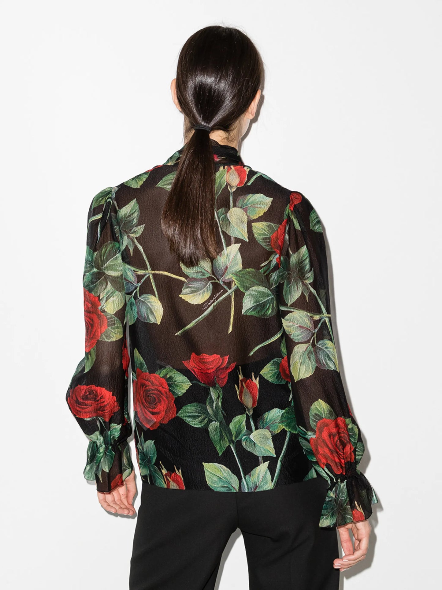 rose print pussy-bow blouse