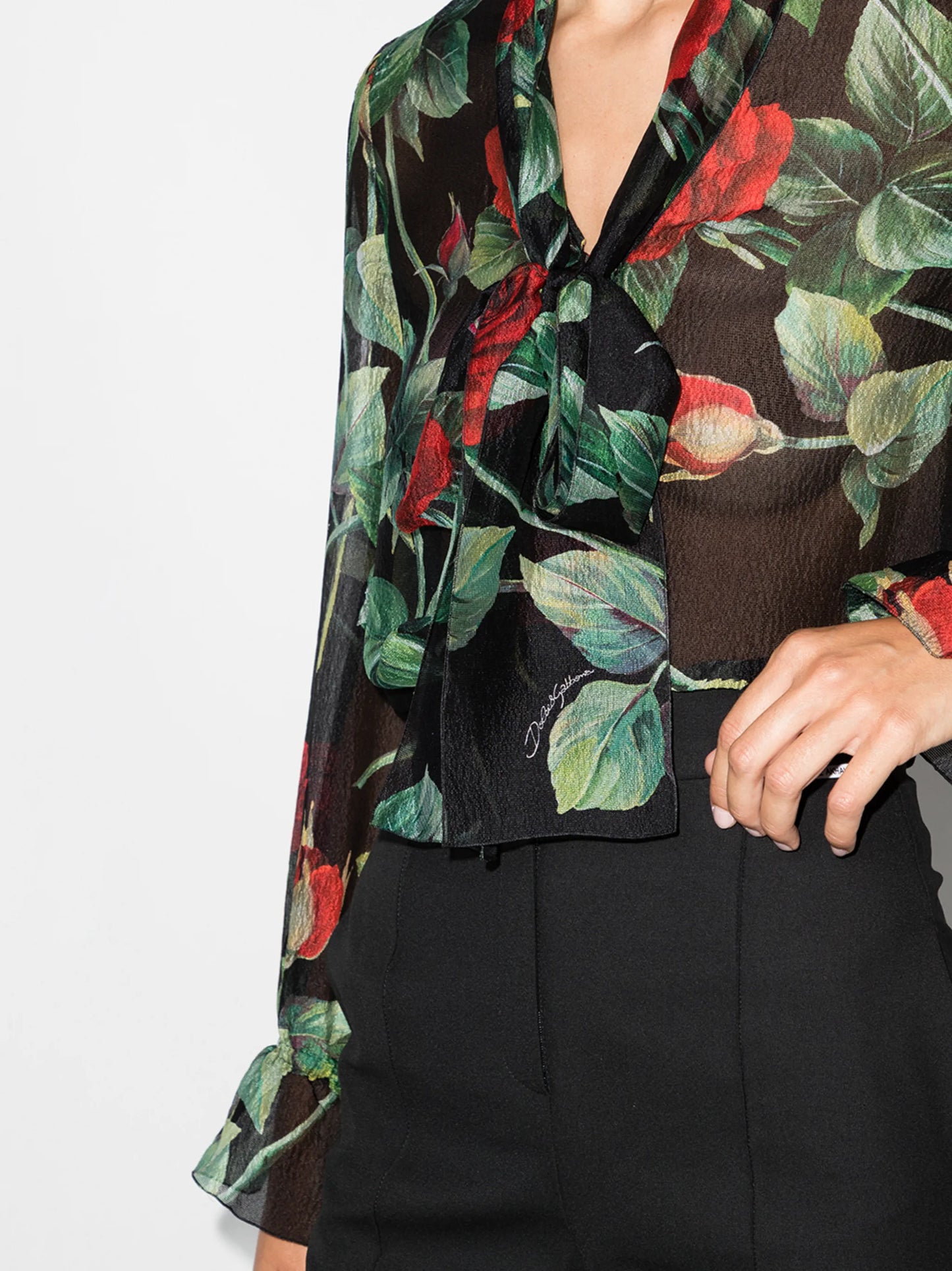 rose print pussy-bow blouse