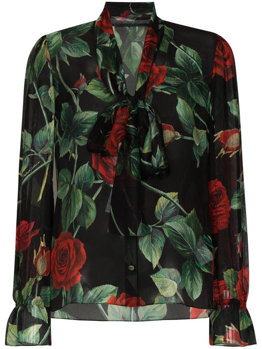 rose print pussy-bow blouse