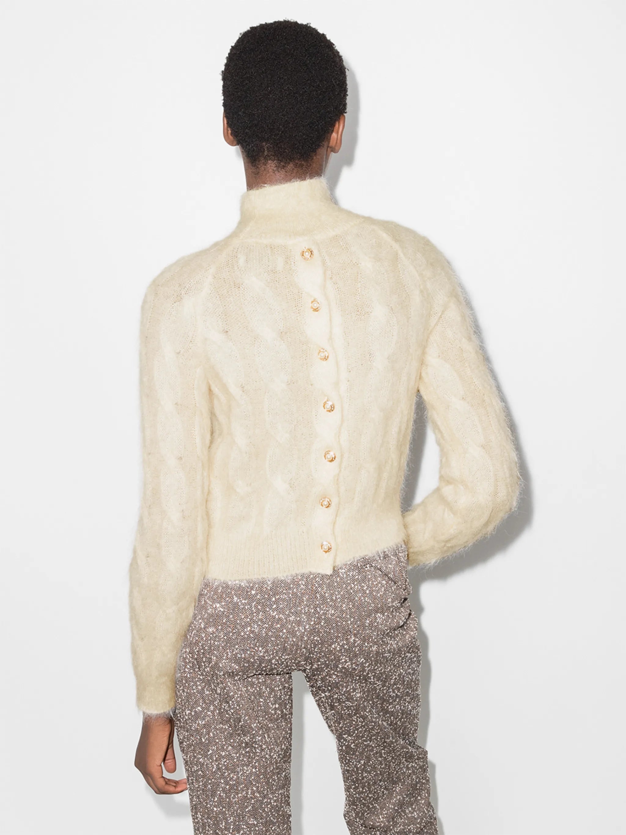 cable-knit mock neck jumper