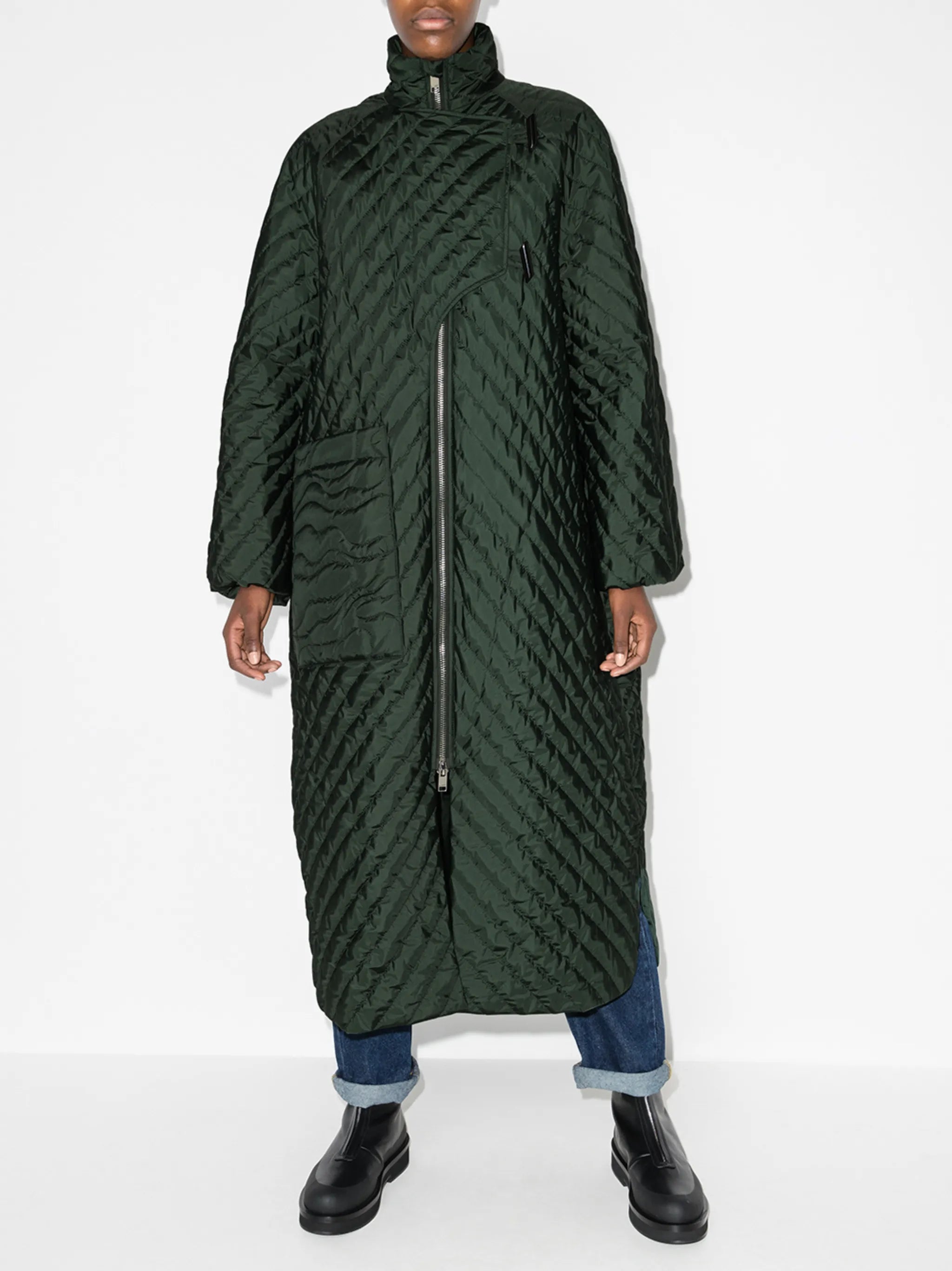 diamond-quilt long parka coat