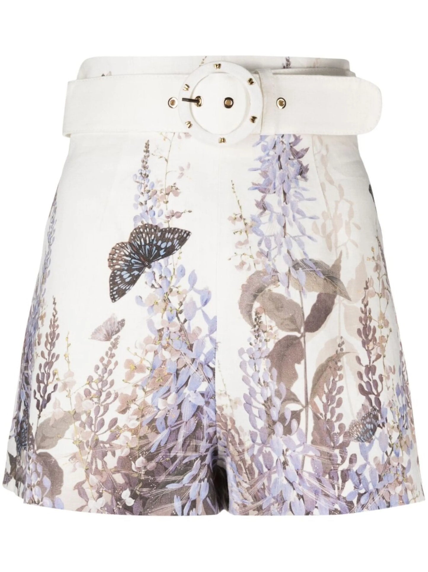 Luminous floral-print belted linen shorts
