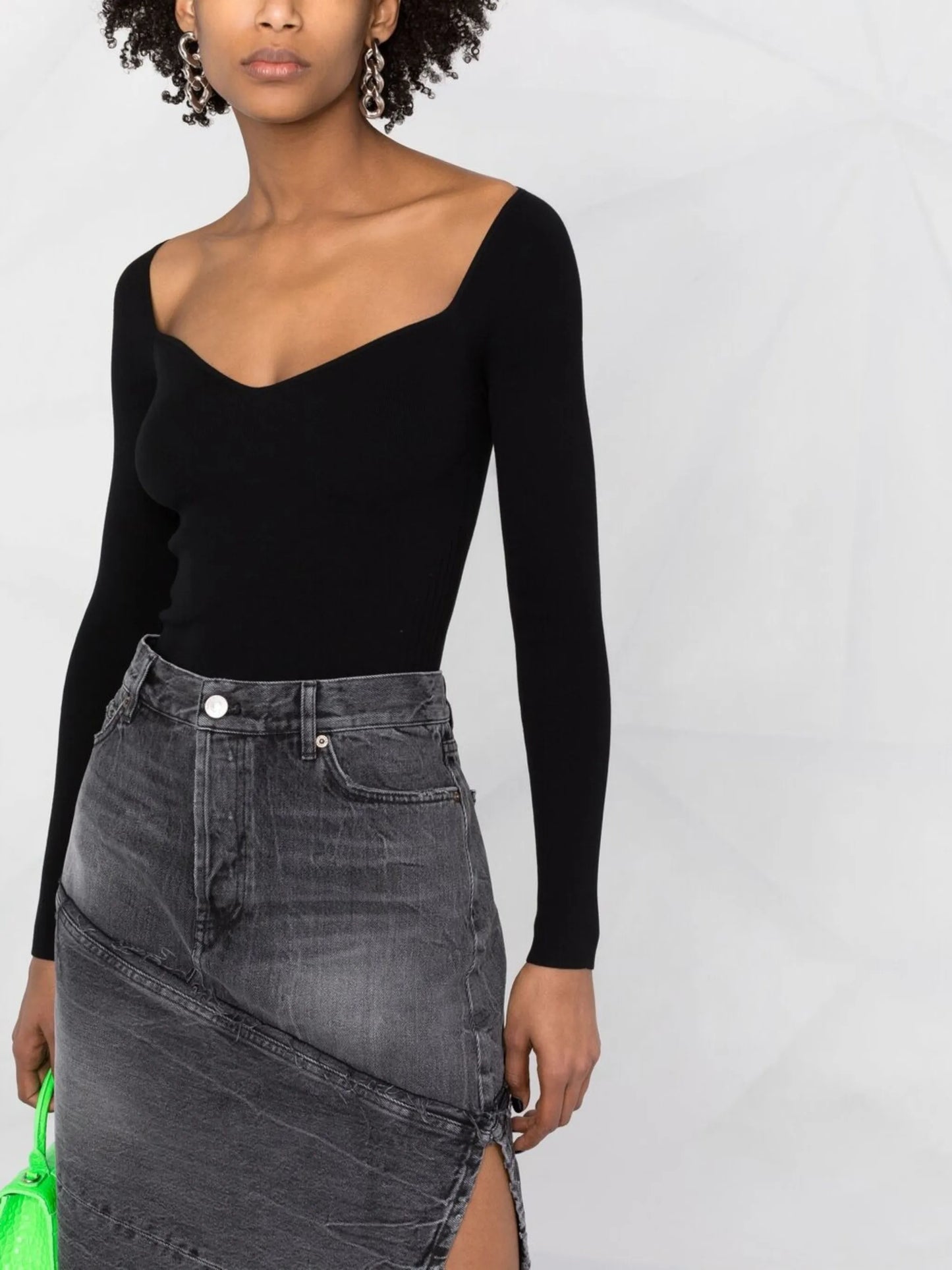 sweetheart-neck ribbed-knit top