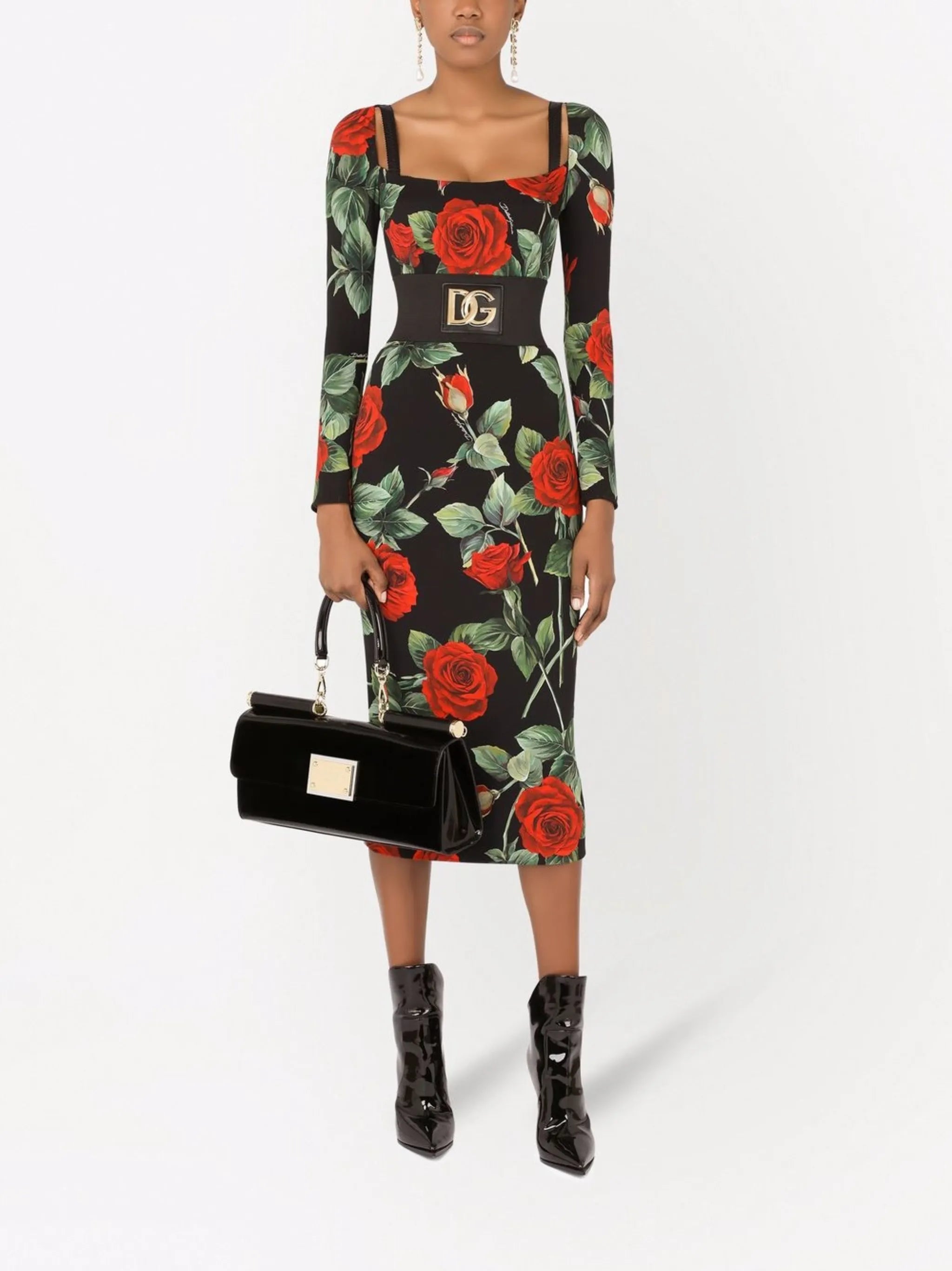 scoop-neck rose-print dress