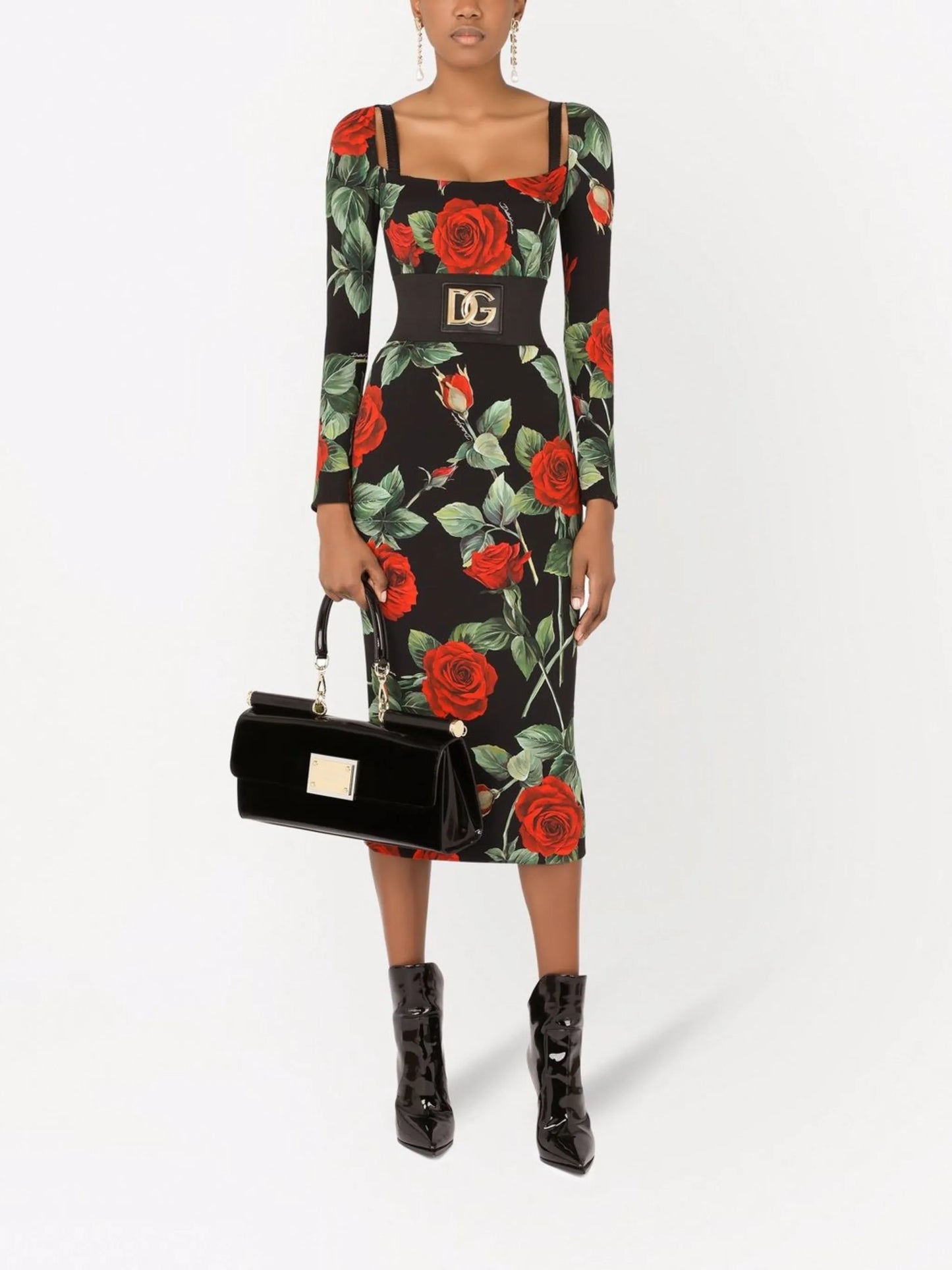 scoop-neck rose-print dress