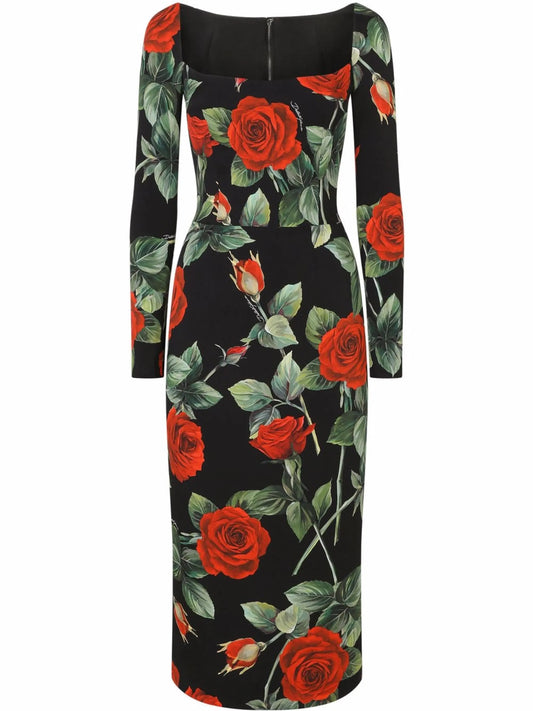 scoop-neck rose-print dress