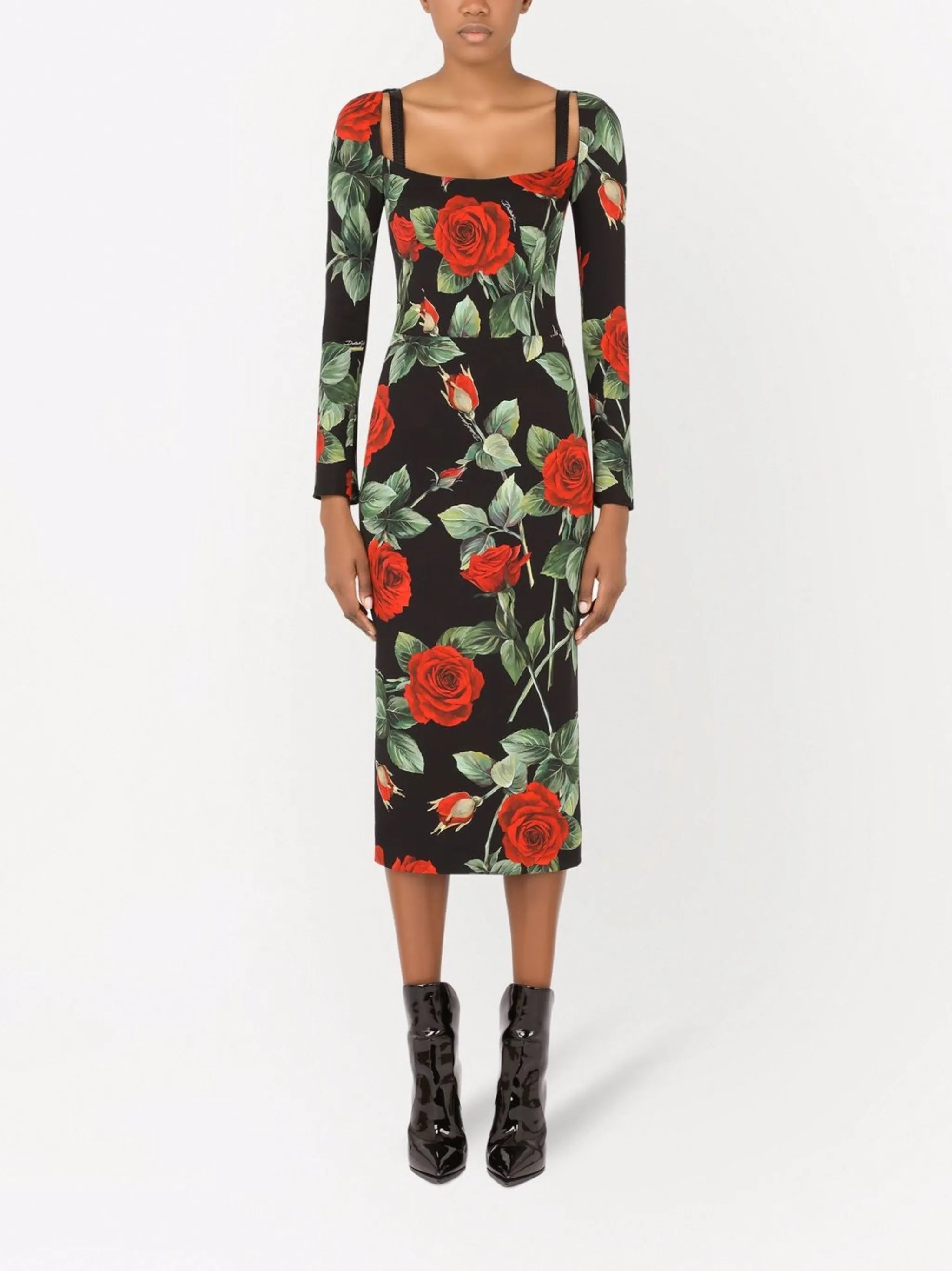 scoop-neck rose-print dress