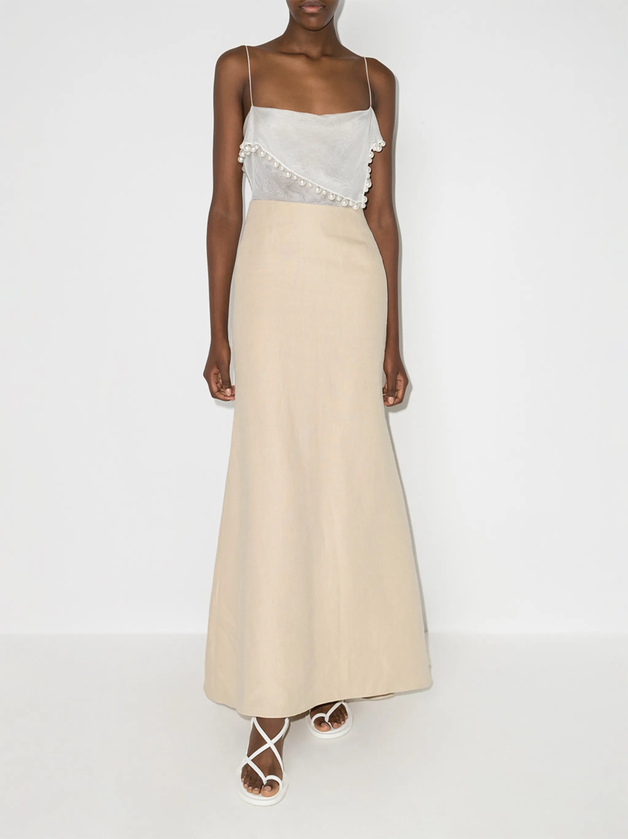 asymmetric pearl trim maxi dress