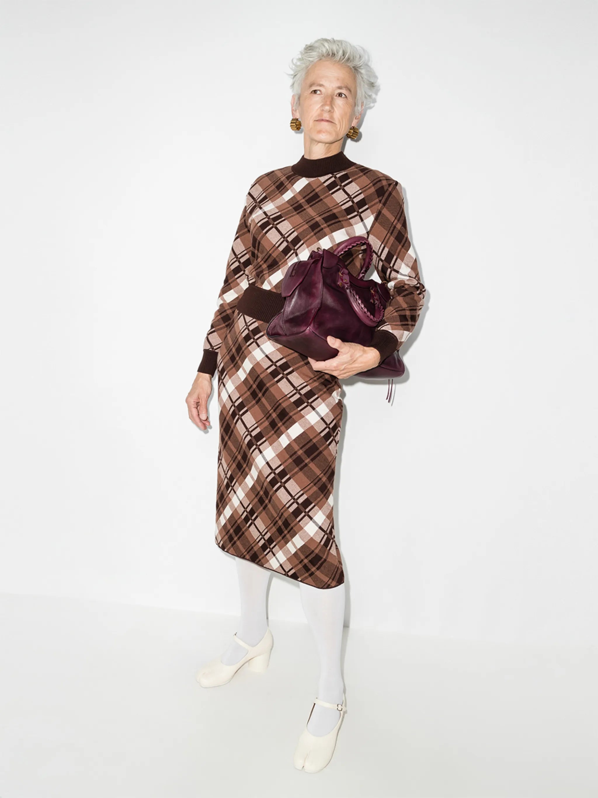 checked merino wool midi skirt