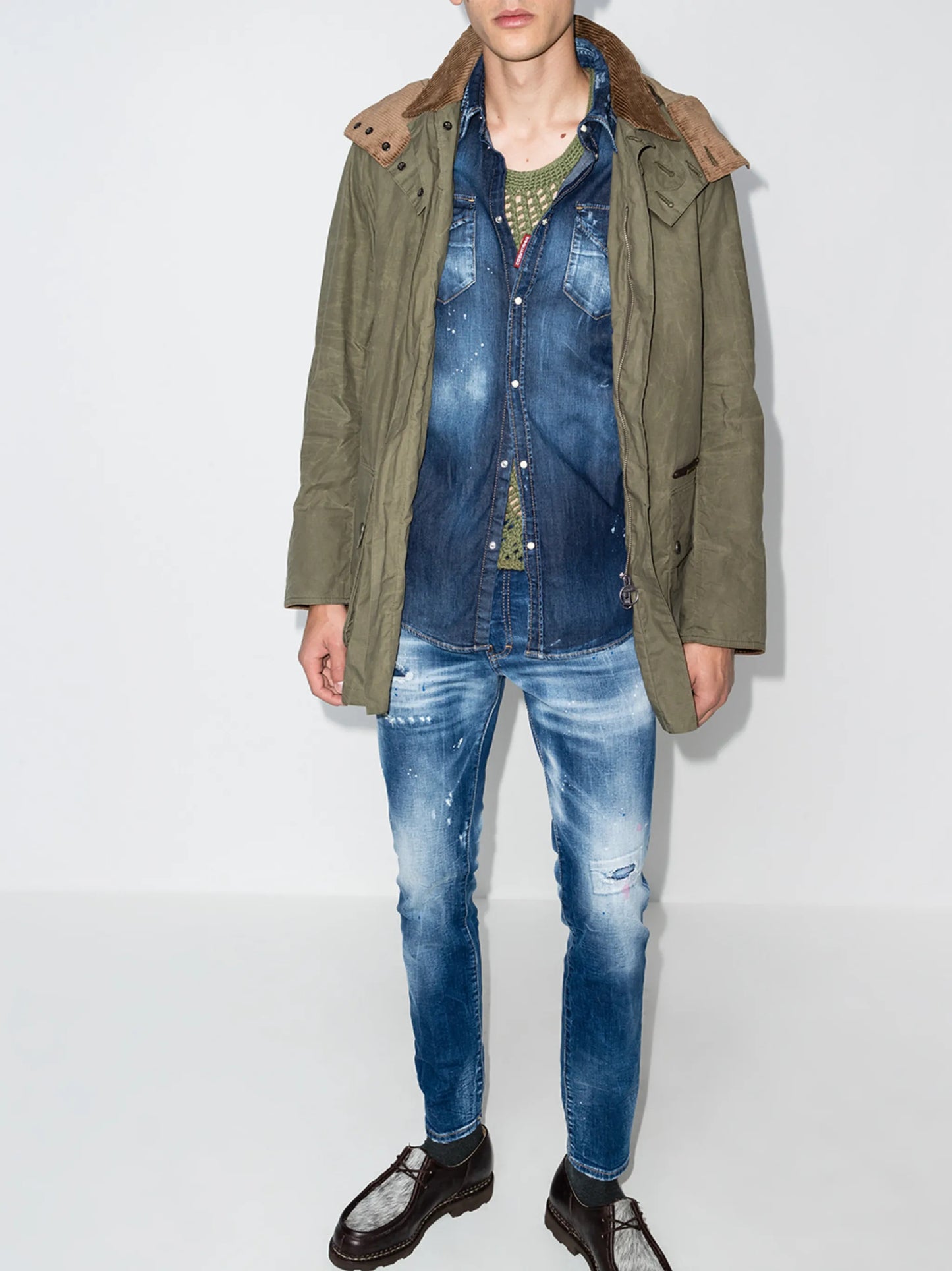 faded paint splatter denim shirt