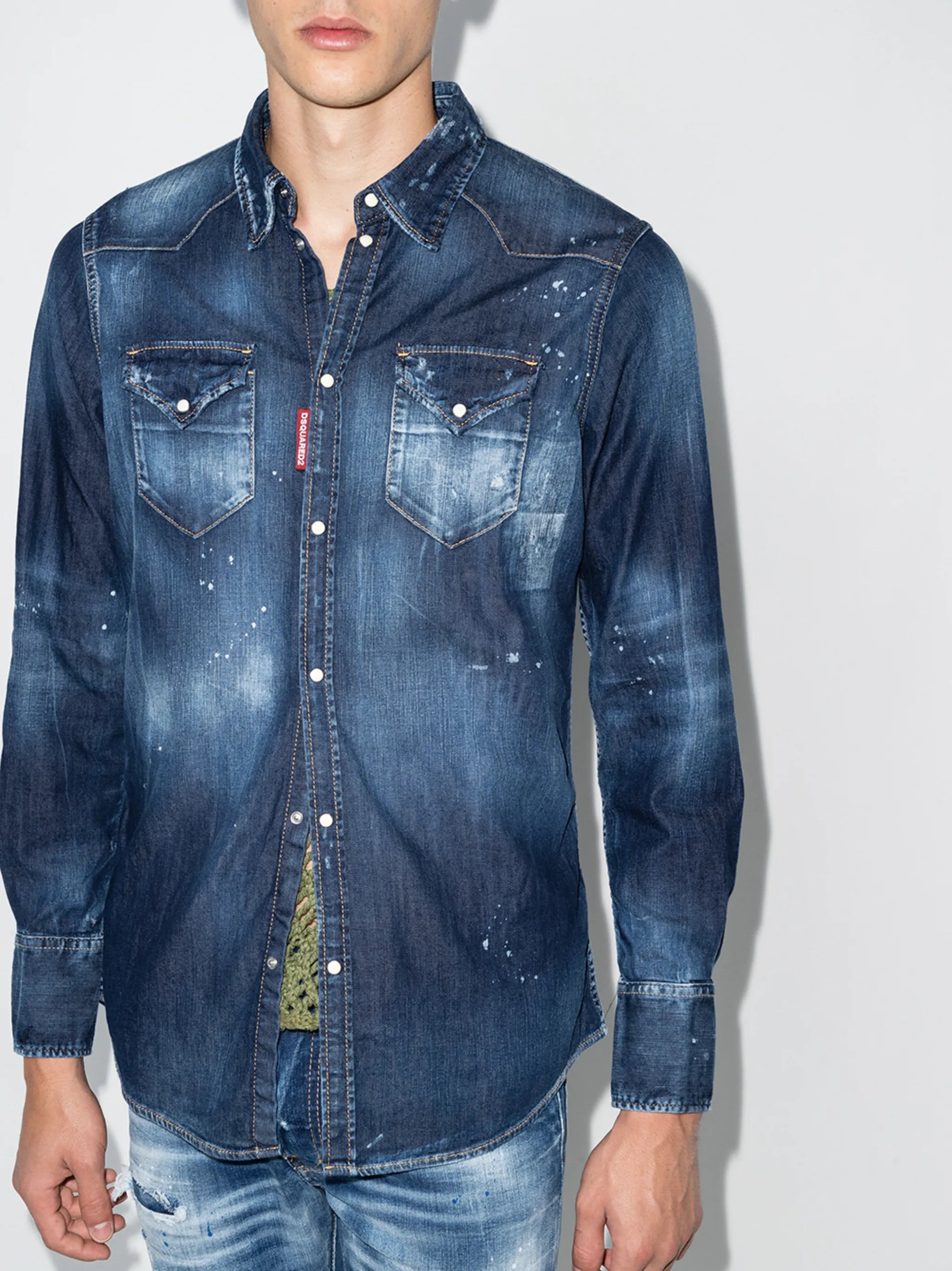 faded paint splatter denim shirt