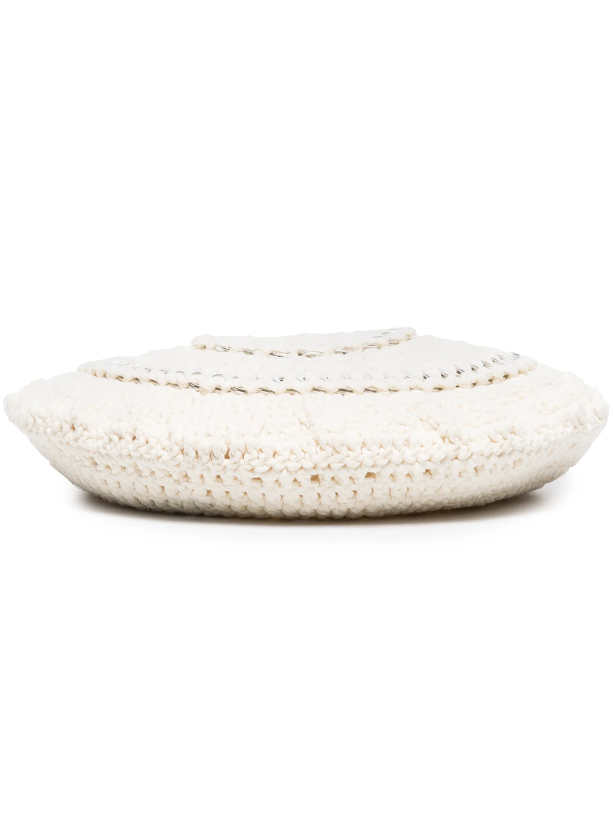 disc-embellished crochet beret