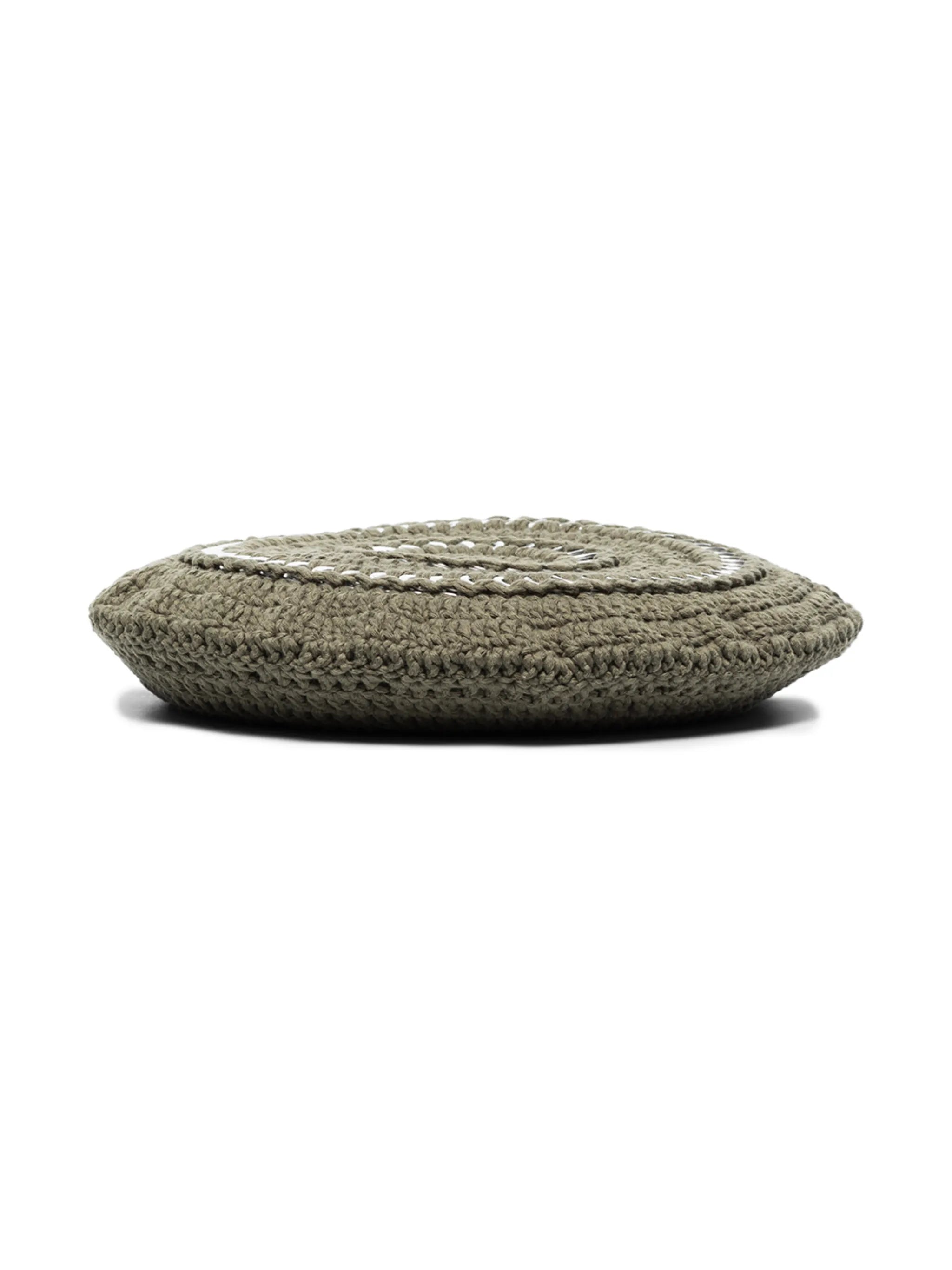 disc-embellished crochet beret